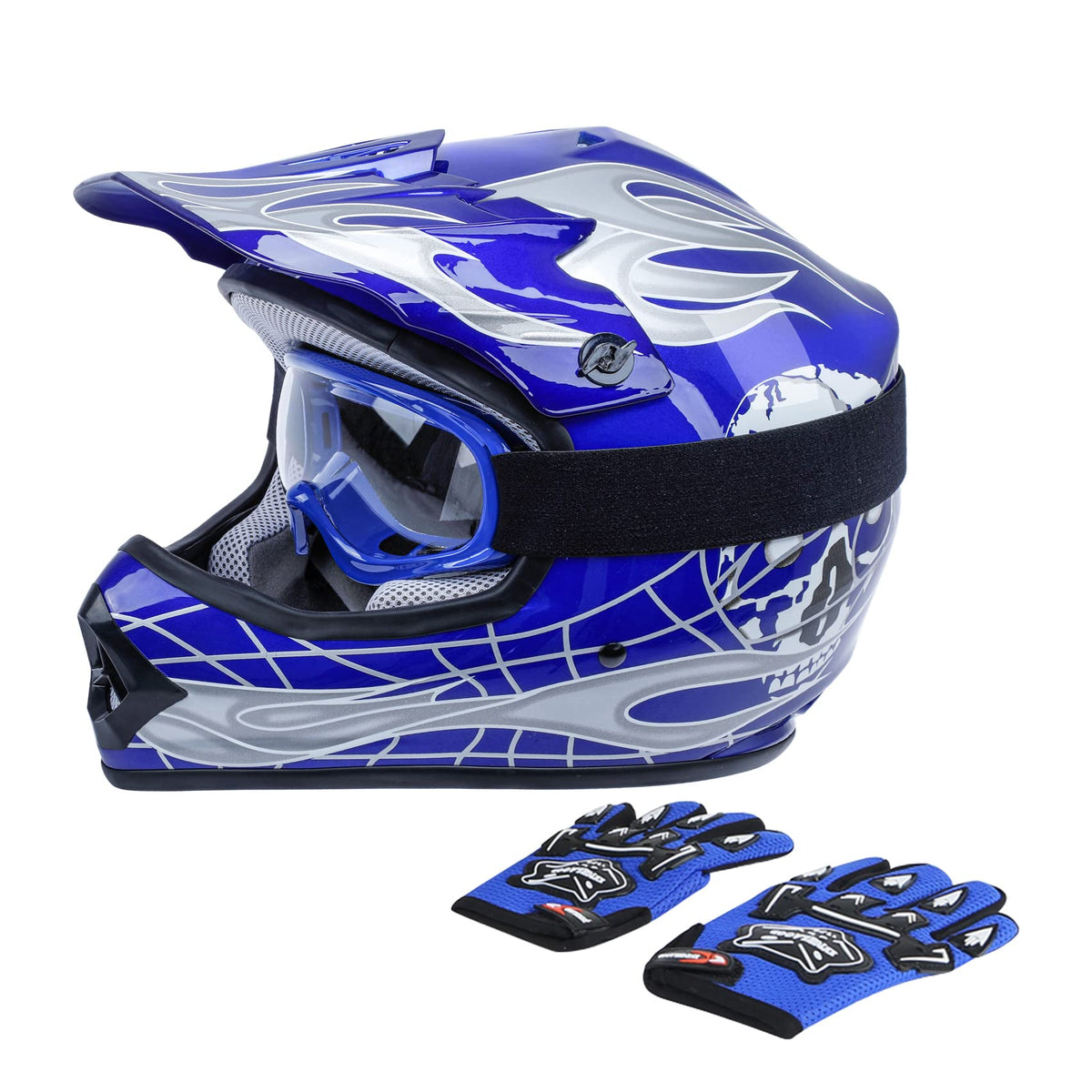 Tct-Mt Atv Helmet Wgoggles+Gloves Youth Kids Blue Skull Dirt Bike Motocross Atv Open Face Atv Helmet Four Wheeler Helmet Medium