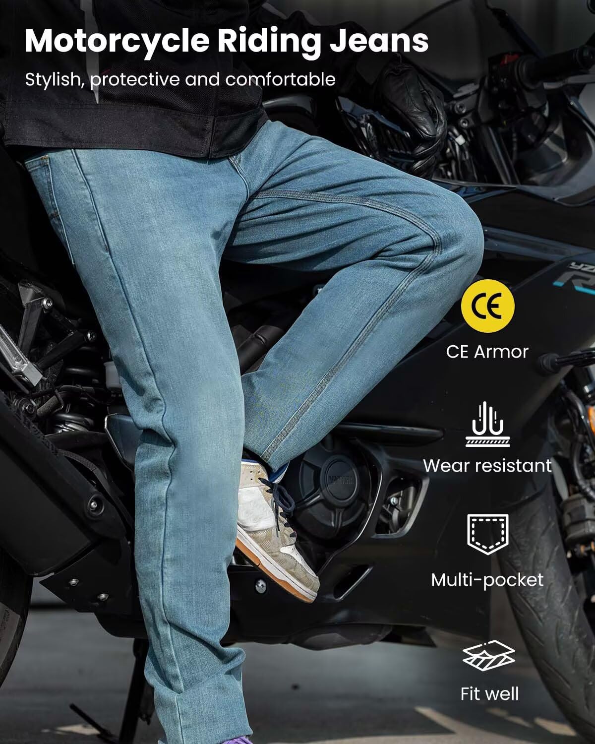 ILM Motorcycle Riding Pants for Men CE Armored Motorbike Jeans Adventure Touring Motocross All Season Model PJN1(Light Blue)