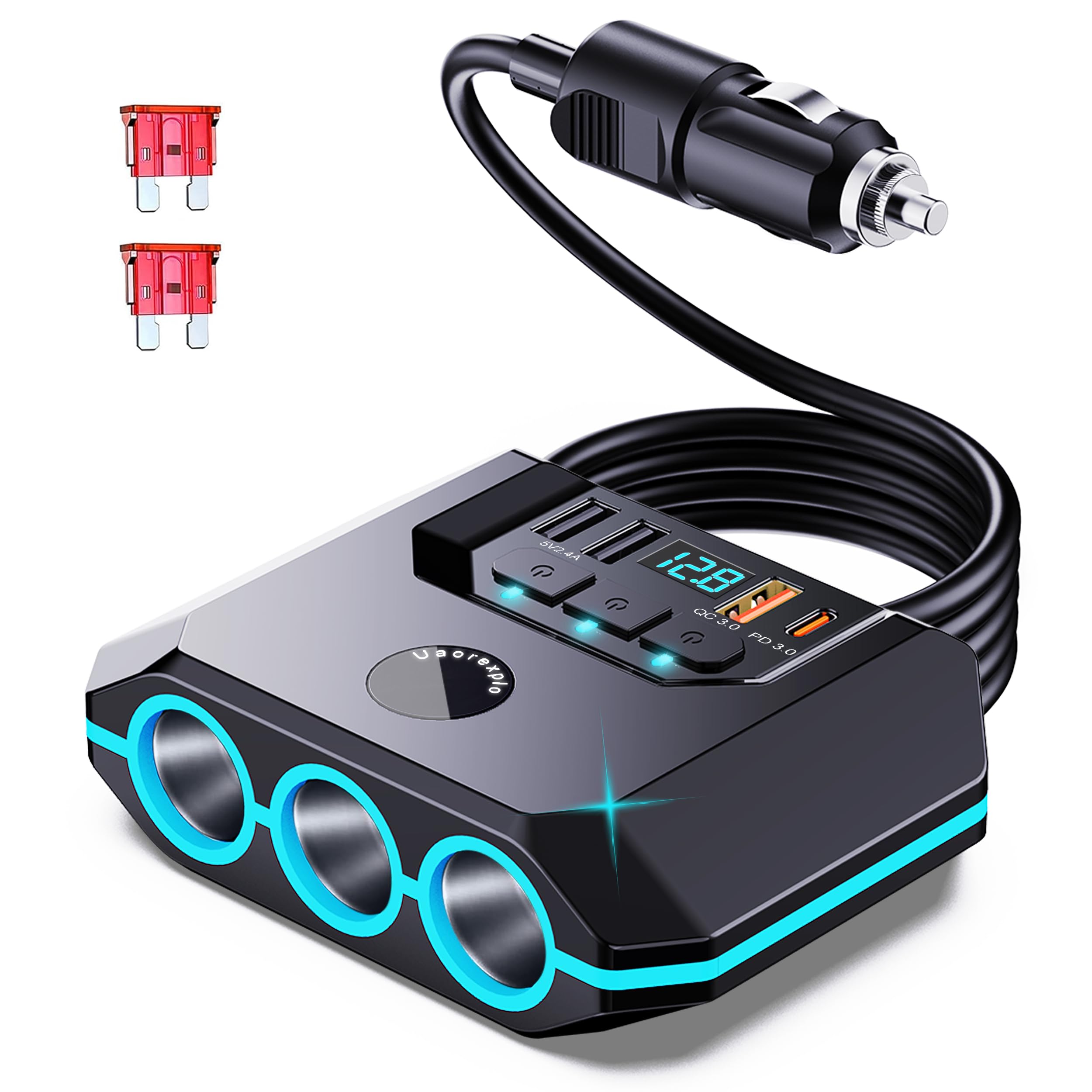 Uaorexplo Car Cigarette Lighter Adapter Splitter, 120W, 3 Sockets+4 Usb Include 2 Quick Charge Ports, Led Voltmeter, Independent