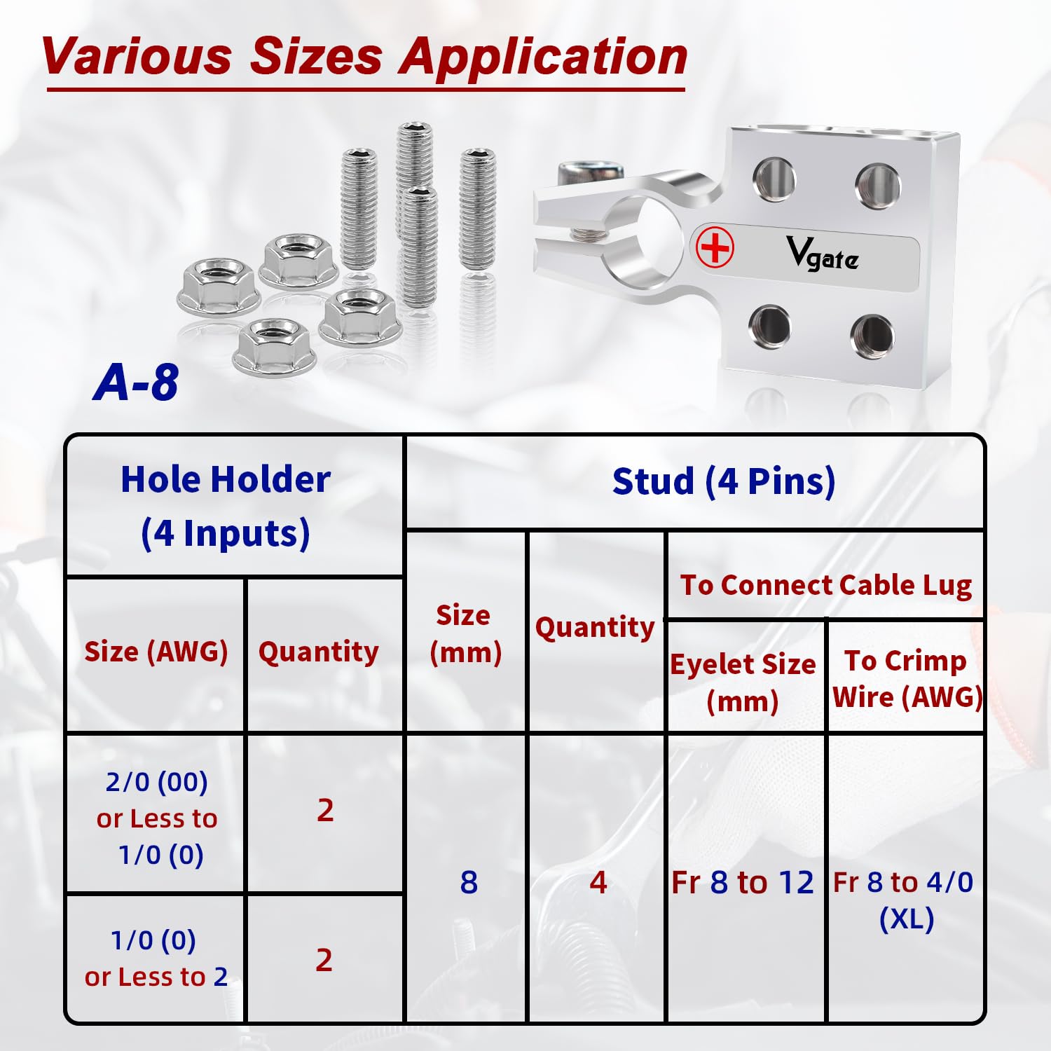 Vgate 8-Way Lead Acid Battery Terminal Connector, Agm Post Terminal Ends, 8Awg Up To 4/0(Xl) Awg Gauge, Positive & Negative For