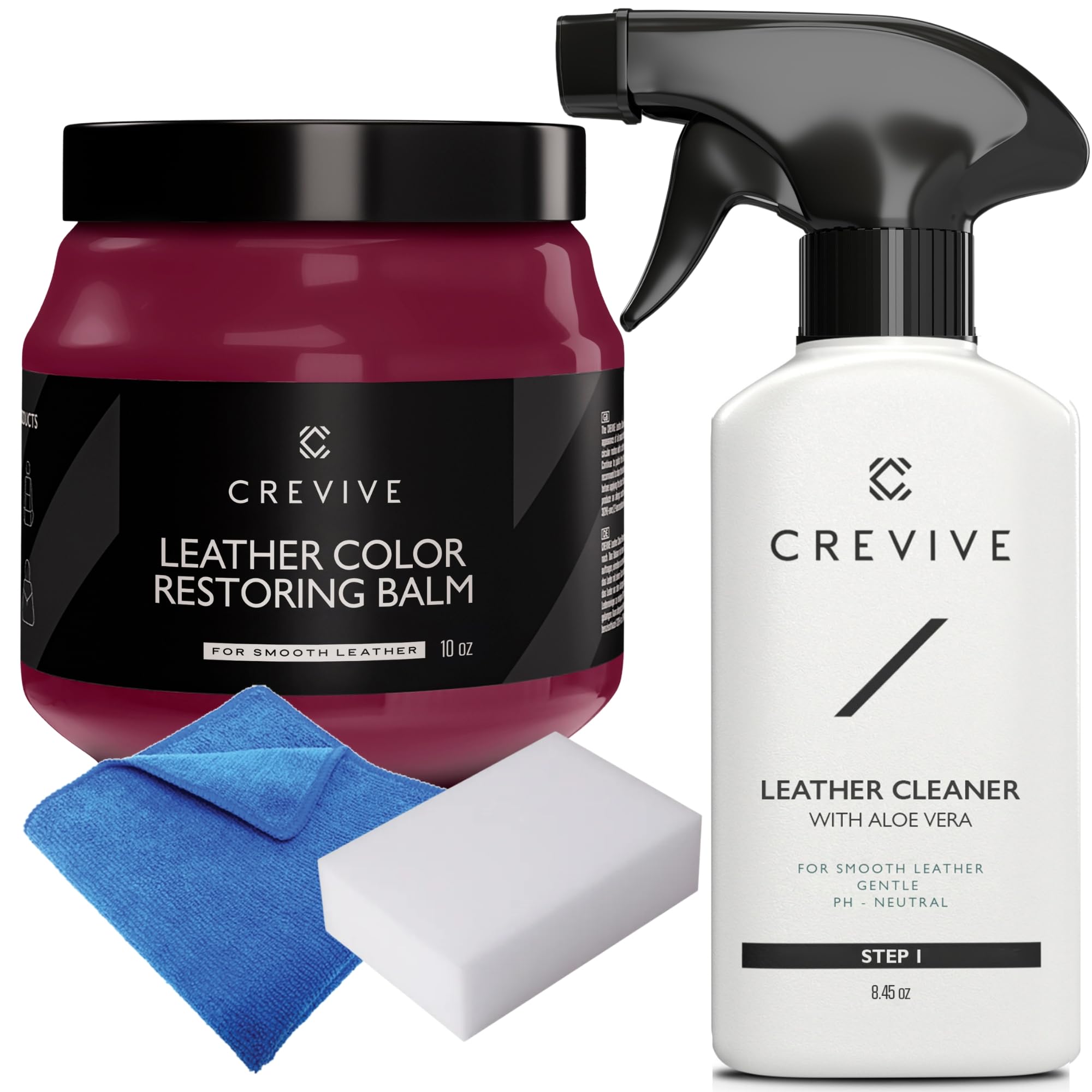 Crevive Leather Cleaner 8.45 Oz & Leather Recoloring Balm Bordeaux 10 Oz - Leather Color Restorer - Leather Restorer For Couches
