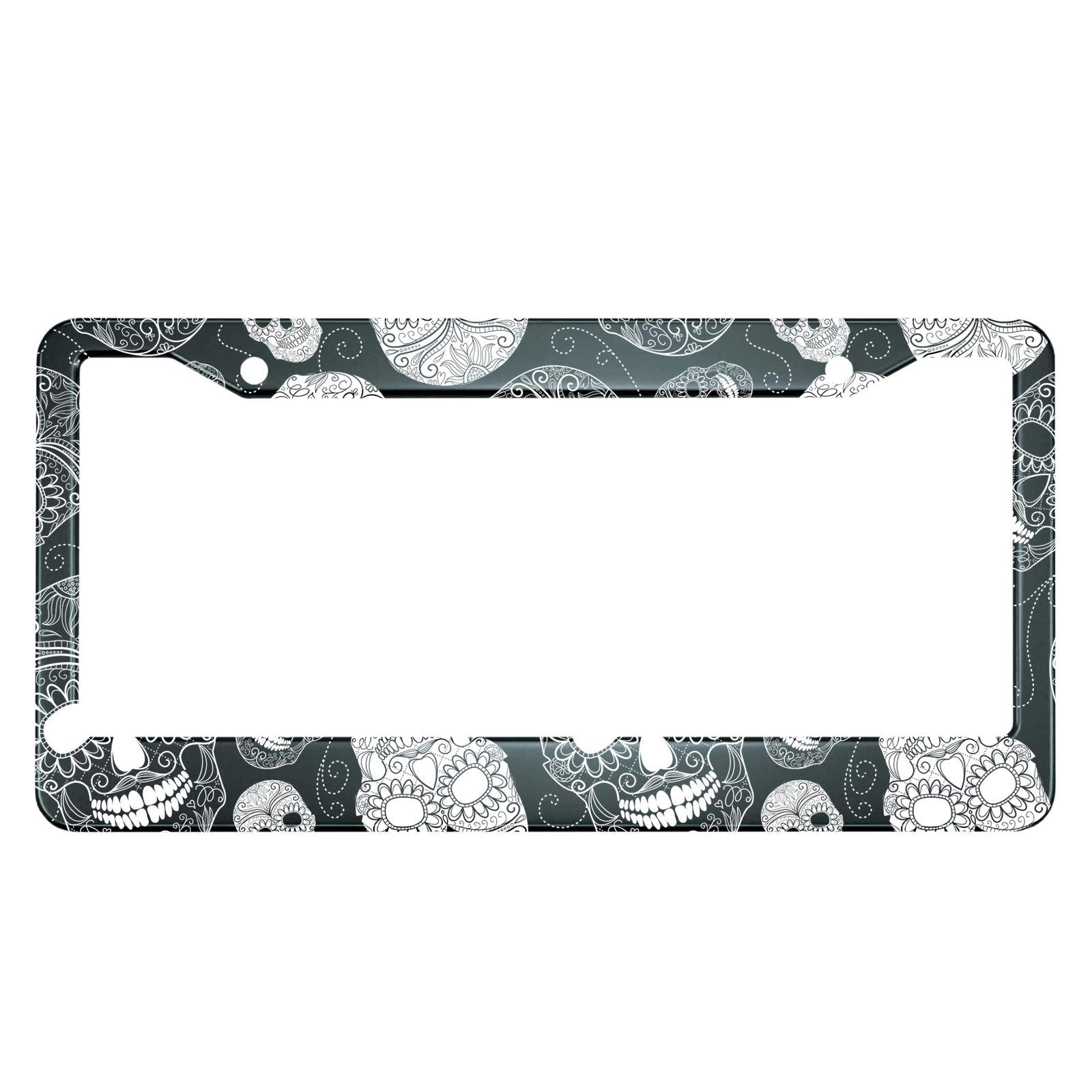 HOSNYE Black and White Sugar Skull License Plate Frame Day of The Dead Cartoon Indian Style Metal License Plate Cover Front Plat