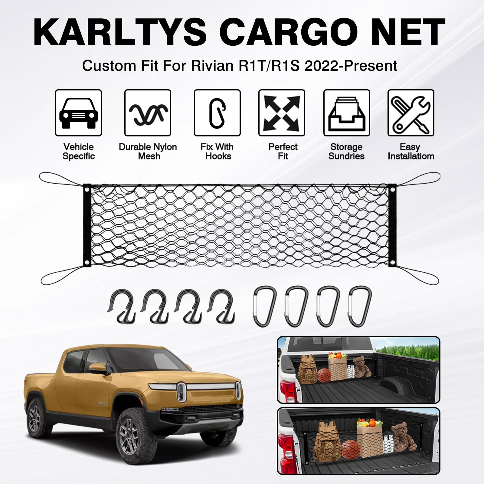 Karltys For Rivian R1T R1S Envelope Style Truck Bed Cargo Net 2022-2024 2025, Highly Elastic Pickup Truck Bed Cargo Net For Rivi