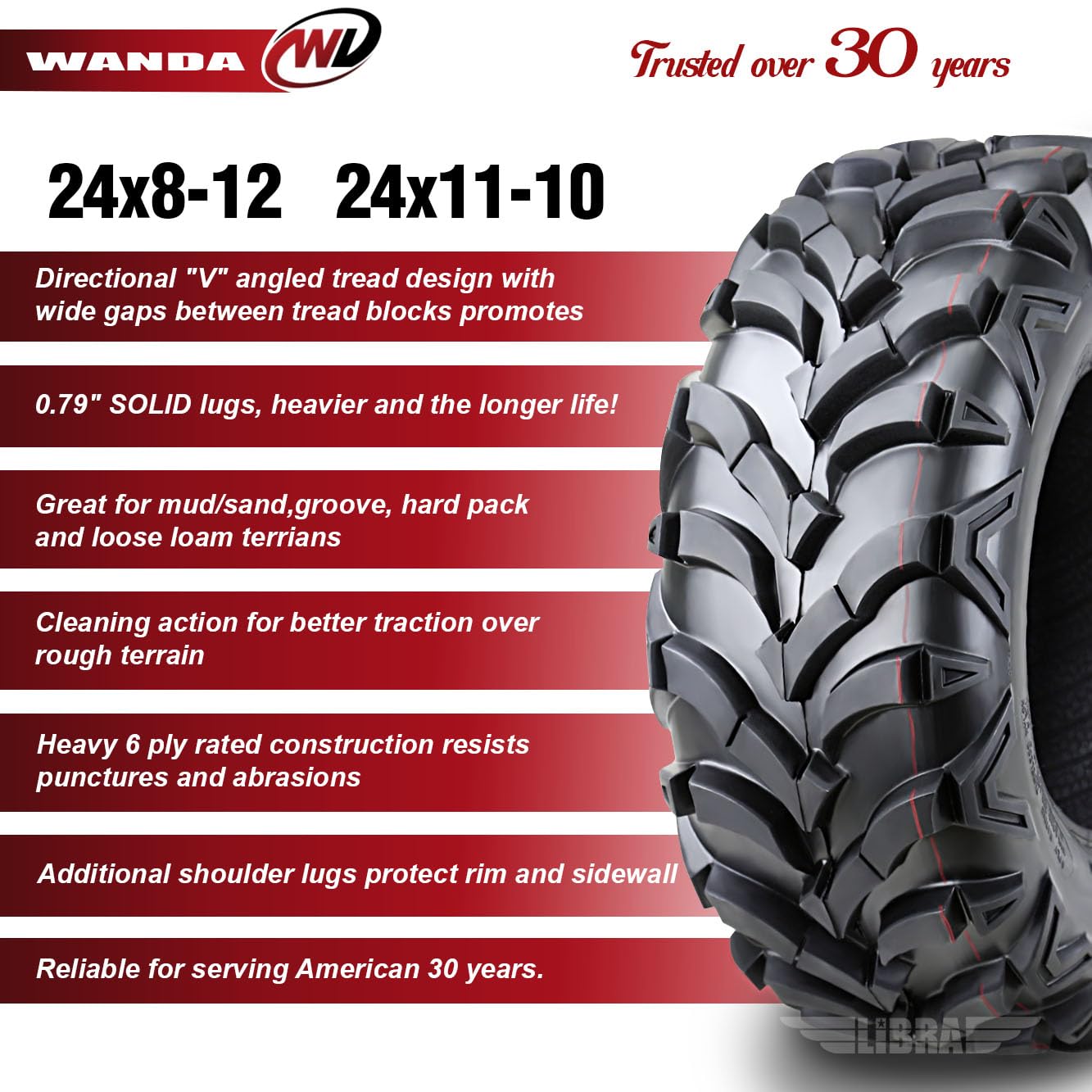 Wanda Set Of 4 New Atv/Utv Tires 24X8-12 Front & 24X11-10 Rear /6Pr P341-10151/10245