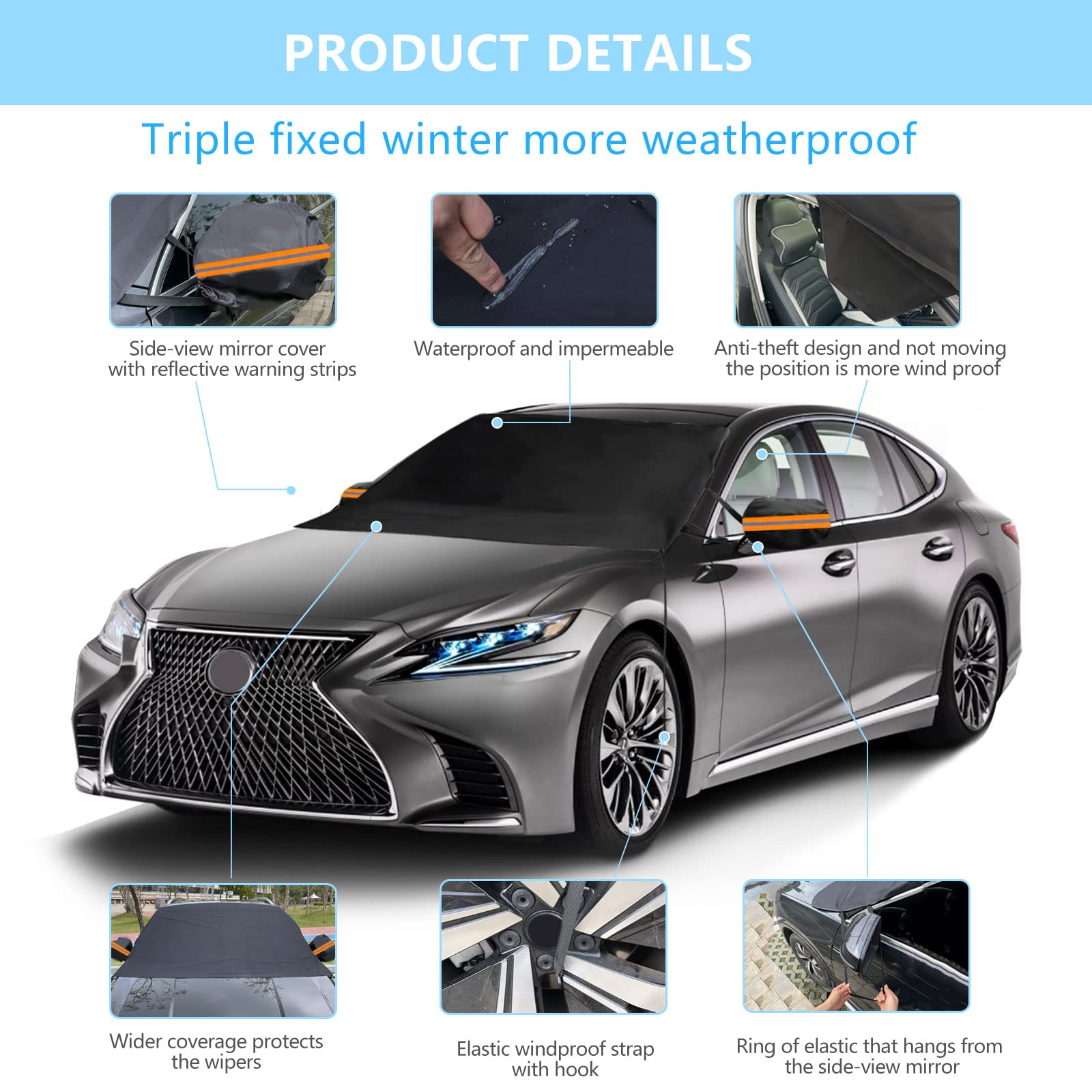 Tx-Inno Auto Windshield Cover For Ice And Snow, Thicken Extra Large Size Car Windshield Snow Cover With Side Mirrors Cover, Windshield Frost Cover Windproof Covers Fits Most Suvs Trucks (82.8'X 47')