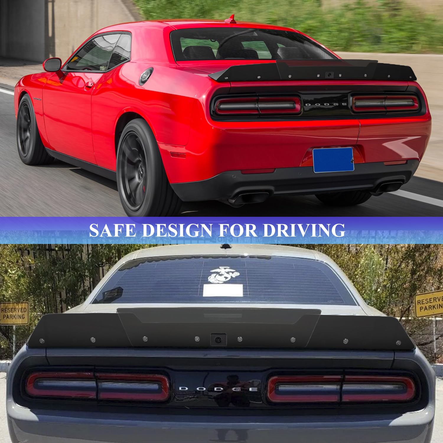 Bonbo Rear WickerBill Spoiler for Dodge Challenger 2015-2023, ABS Material, 2-Piece with Backup Camera, Includes RivNut Tool