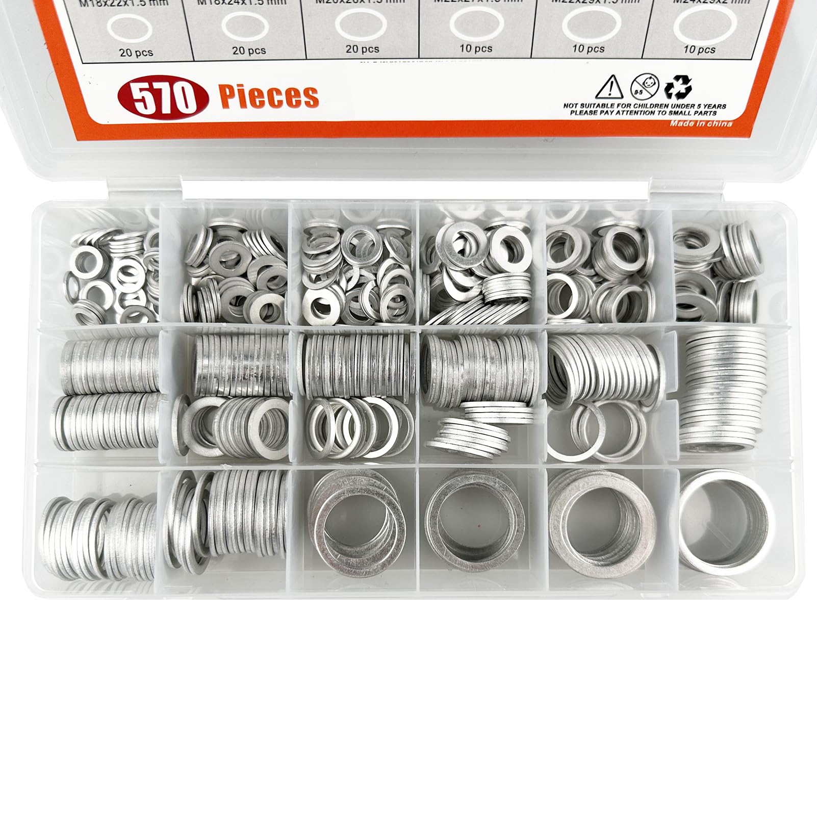 570 Pieces 18 Sizes Oil Drain Plug Gaskets Assortment Kit,Oil Crush Washers, Aluminum Flat Washers Assortment Kit,M6 M8 M10 M12