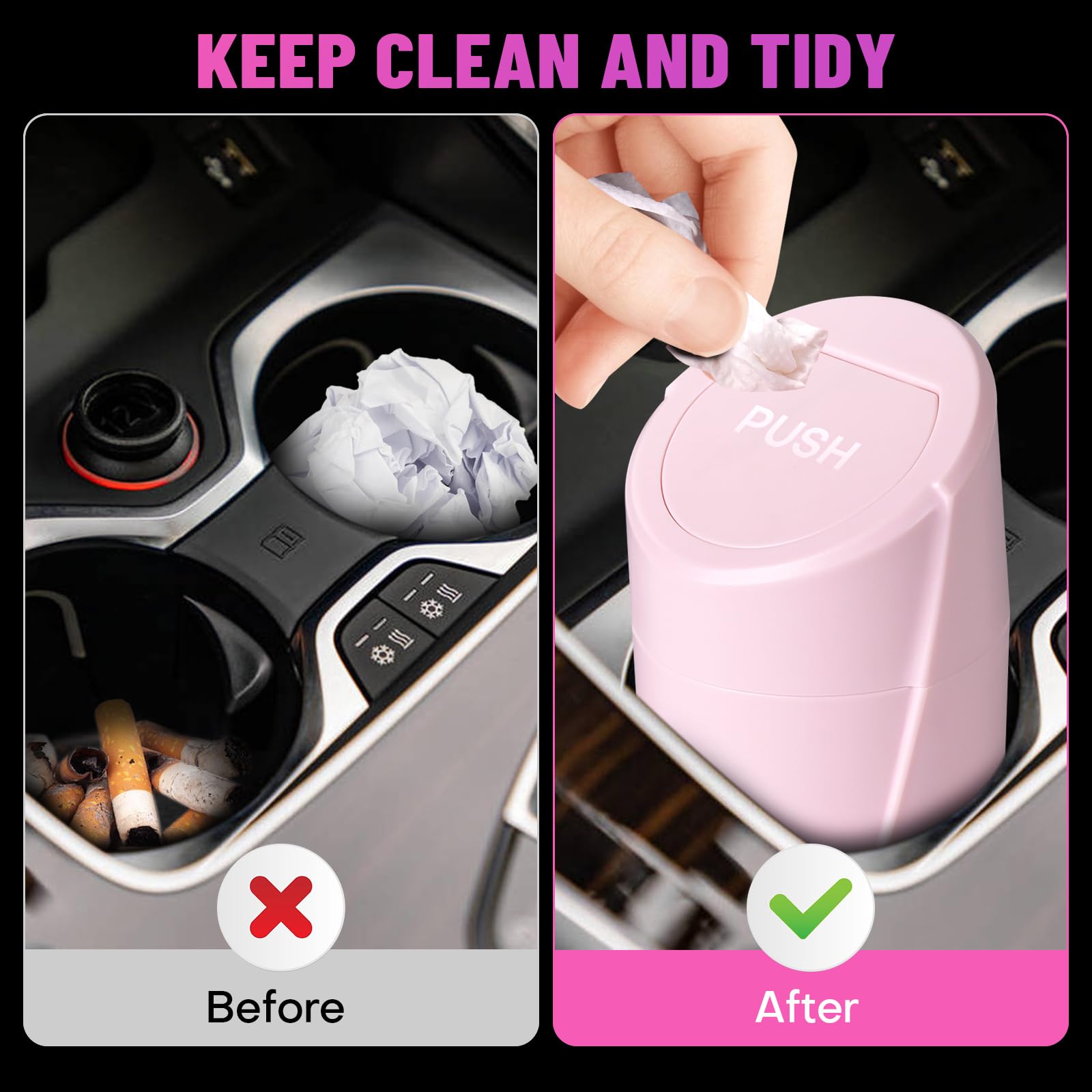 Car Trash Can Bin With Lid - 2 Packs Car Garbage Can Cup Holder - Pink Mini Leakproof Vehicle Trash Garbage Can Bin With 40Pcs T