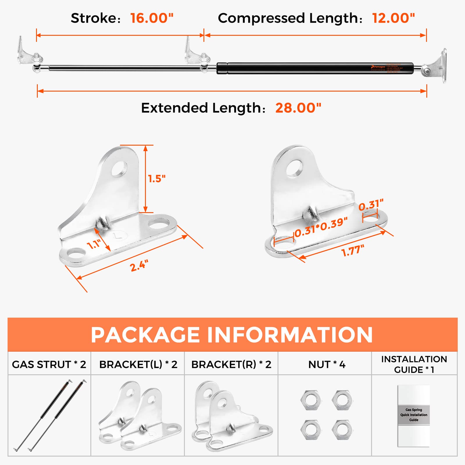 Pamagoo 28 Inch Gas Struts 100 Lbs For Heavy Lids Rv Bed Lift Support Shocks,28'' Gas Spring Props 445N With Mounting Brackets F