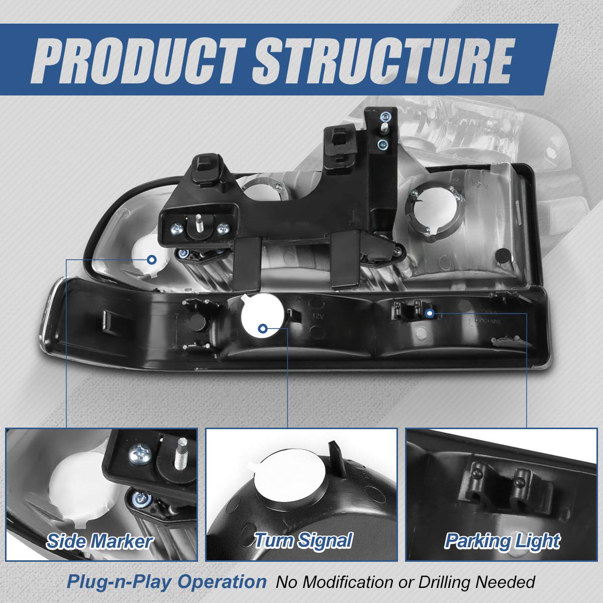 Auto Dynasty Headlights Assembly Bumper Lamps 4Pcs Factory Style Halogen Model Headlamps Replacement Compatible With Chevy S10 Blazer 1998-2004, Driver And Passenger Side, Black Housing Amber Corner