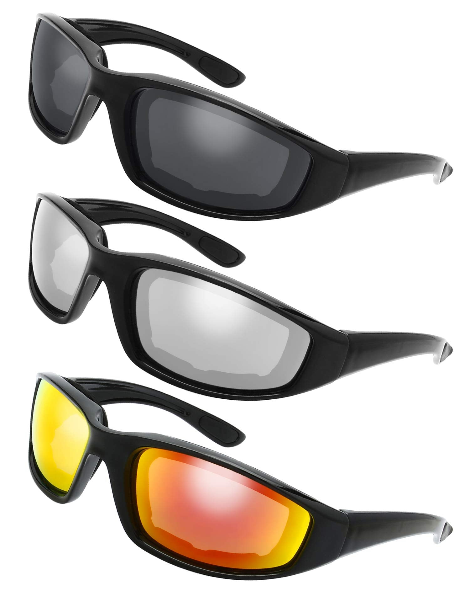 The Fresh Motorcycle Riding Glasses Padded Frame Lens Block 100% Uvb For Outdoor Activity Sport (1404-Shiny Black, Grey, Silver