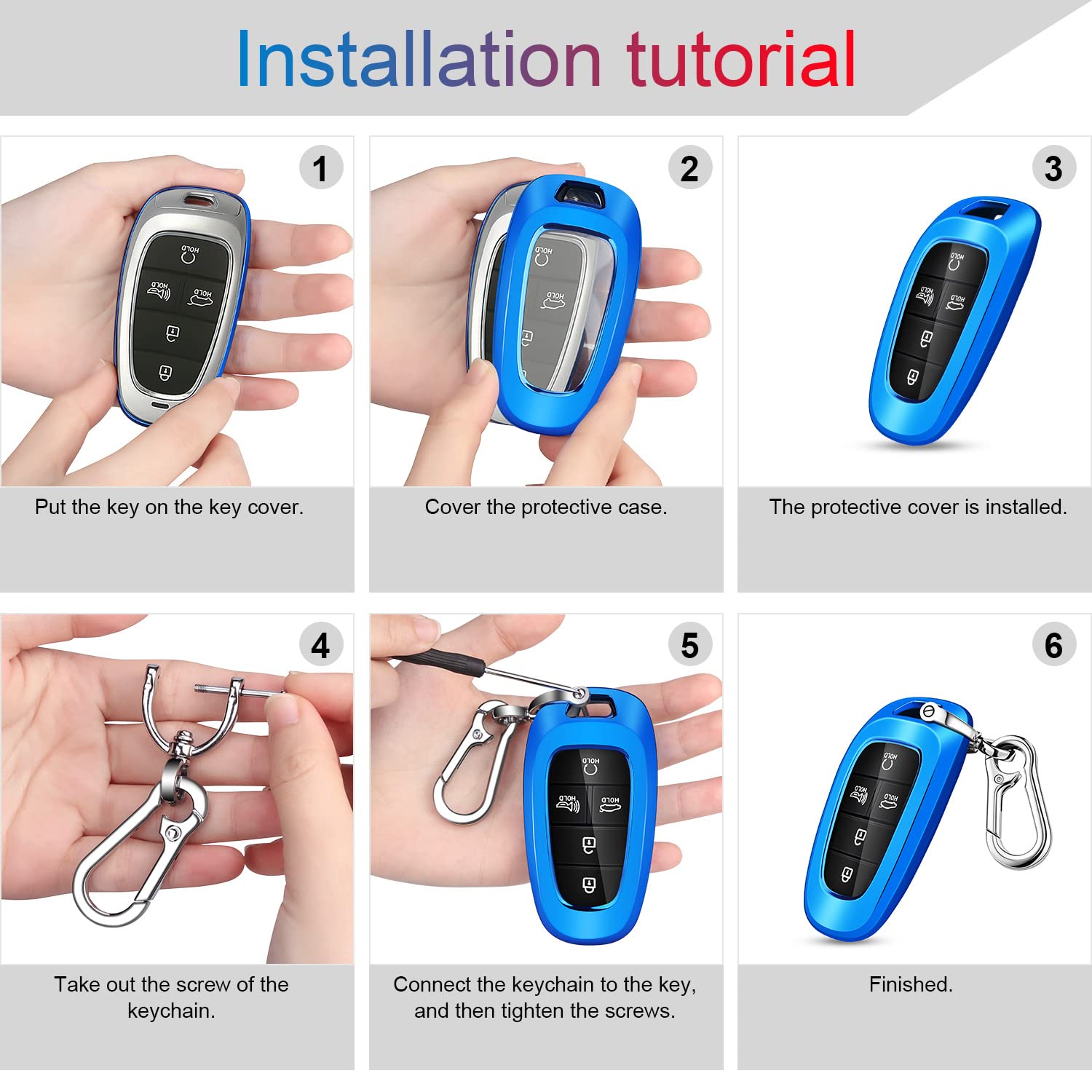 Qbuc For Hyundai Key Fob Cover,Soft Tpu 360 Degree Car Key Case Protector With Keychain Compatible With 2022 2021 2020 Hyundai Sonata Santa Fe Tucson Keyless Entry 3/4/5/7 Buttons Smart Key(Blue)