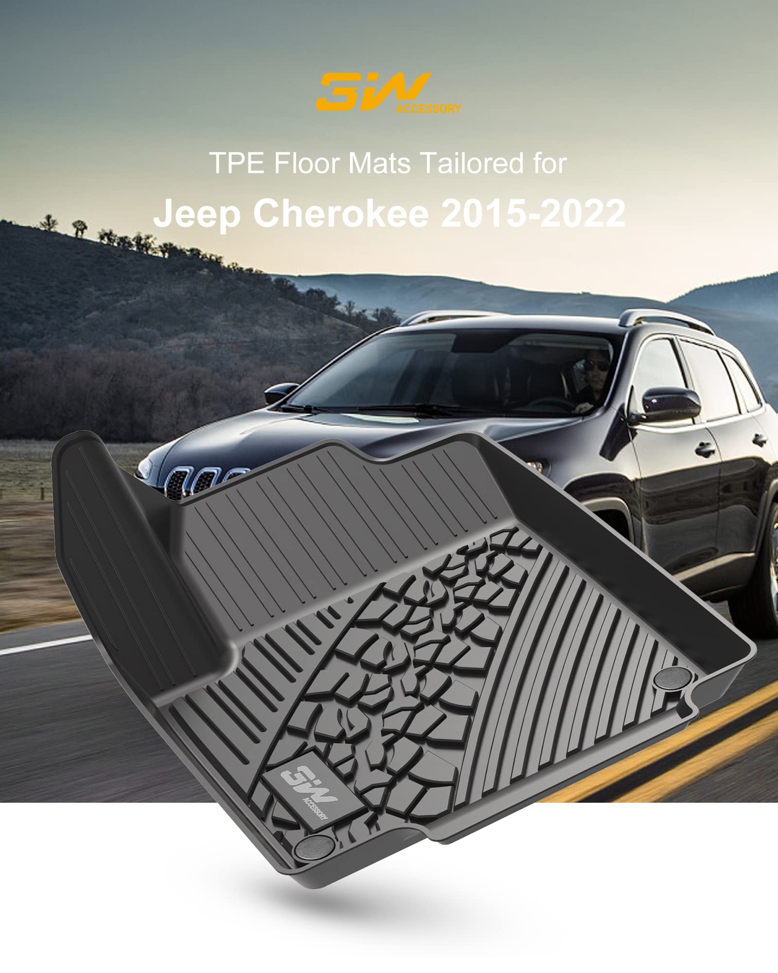 3W Floor Mats&Cargo Liner Fit For Jeep Cherokee 2015-2023, All Weather Custom Fit Trunk Liner For Jeep Cherokee, Heavy Duty Trun