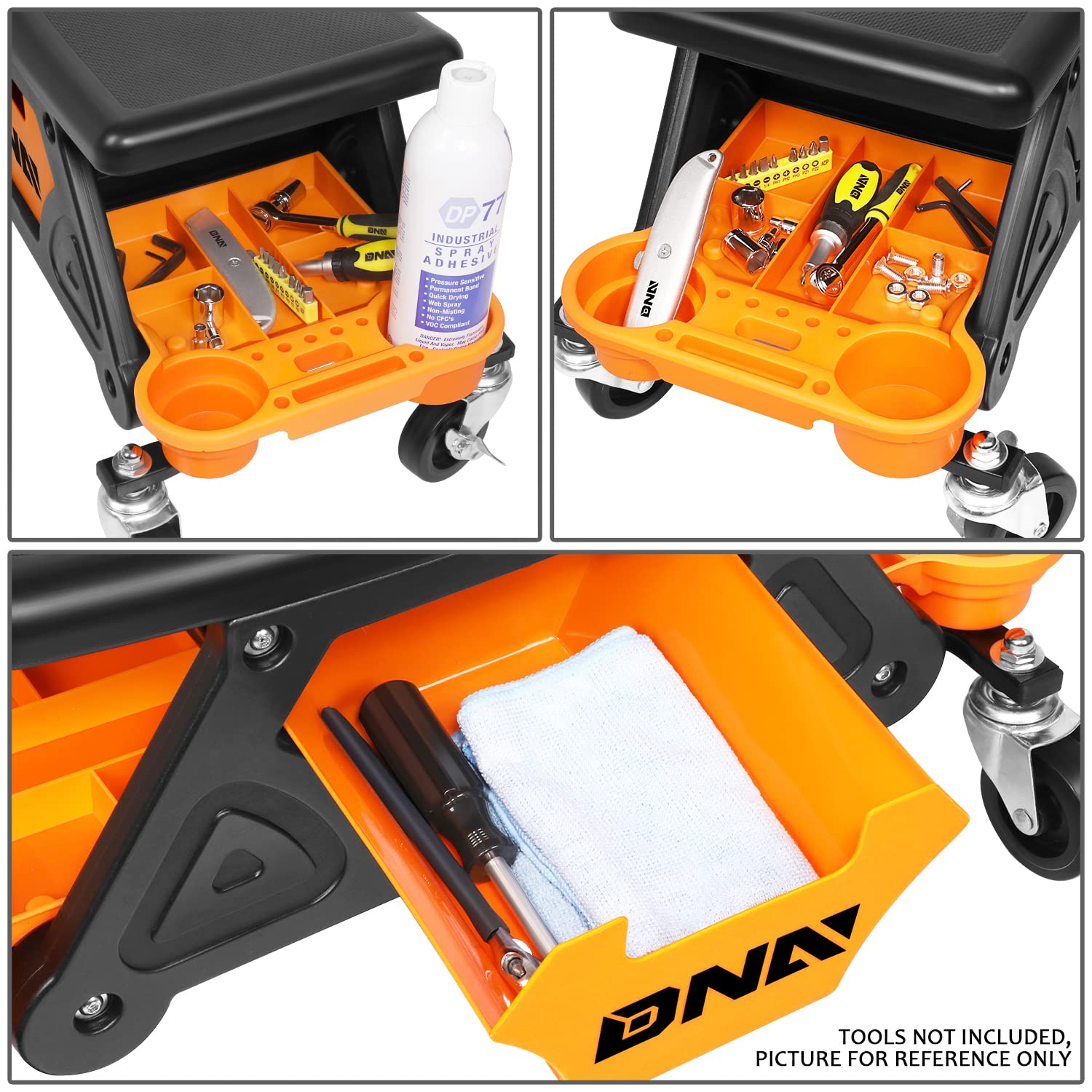 Dna Motoring Tools-00189 Mechanic Stool - 25-1/2'' X 13'' X 12'' (L X H X W), Rolling Work Seat W/Lockable Swivel Wheels And Sto