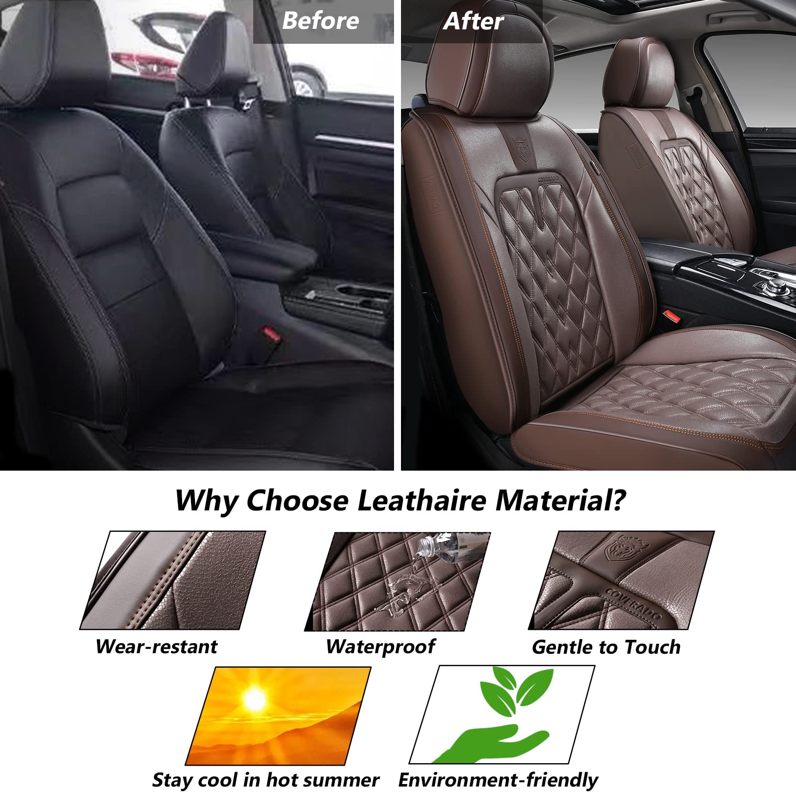 Coverado Car Seat Covers Front Seats, 2-Pack Luxury Leathaire Seat Covers For Cars, Waterproof Car Seat Protector, Anti-Slip Car