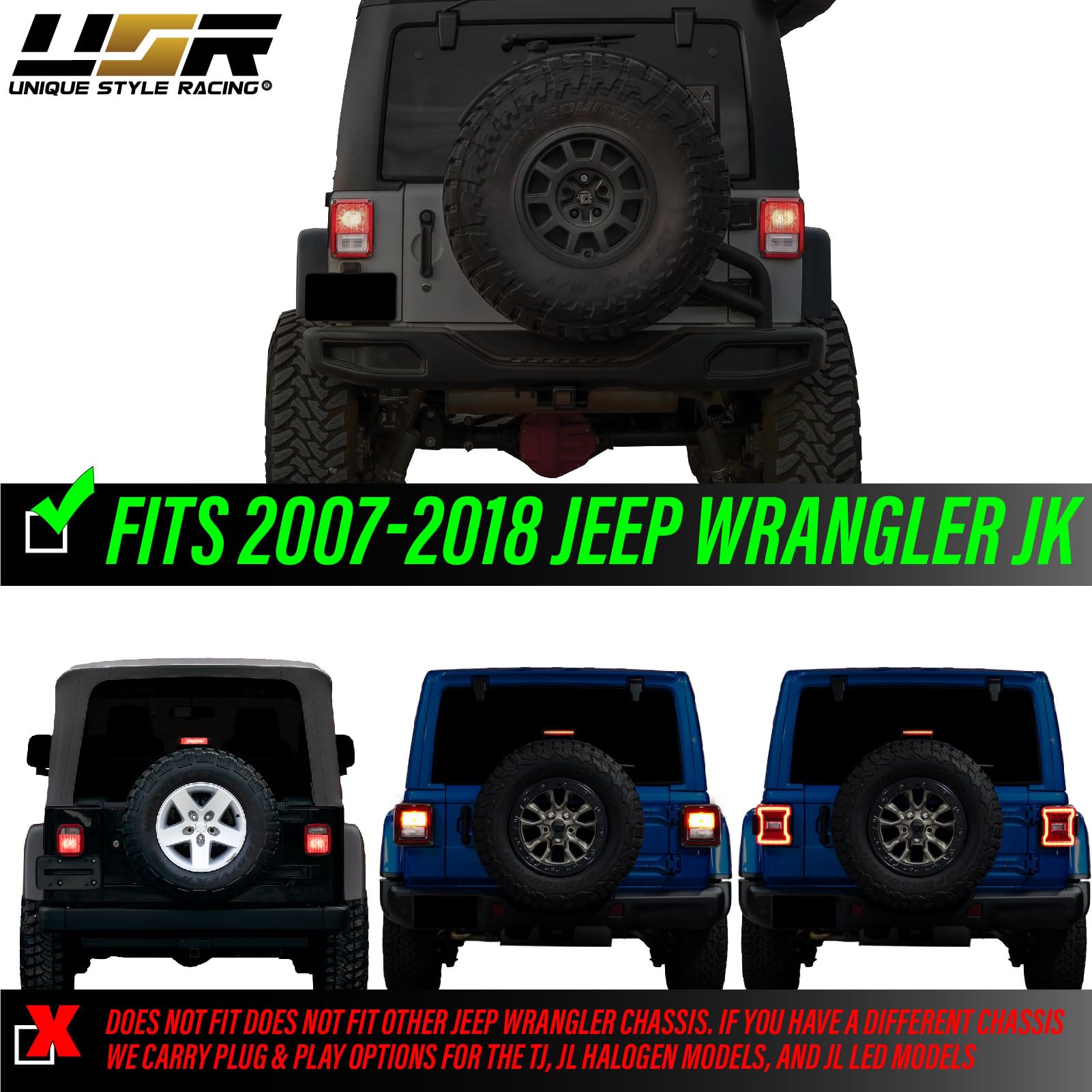 Usr 07-18 Jk Wrangler Spare Tire 3Rd Third Brake Light Switchback Red/White Led Halo Ring Bar Rear Tail Wheel Light Compatible W