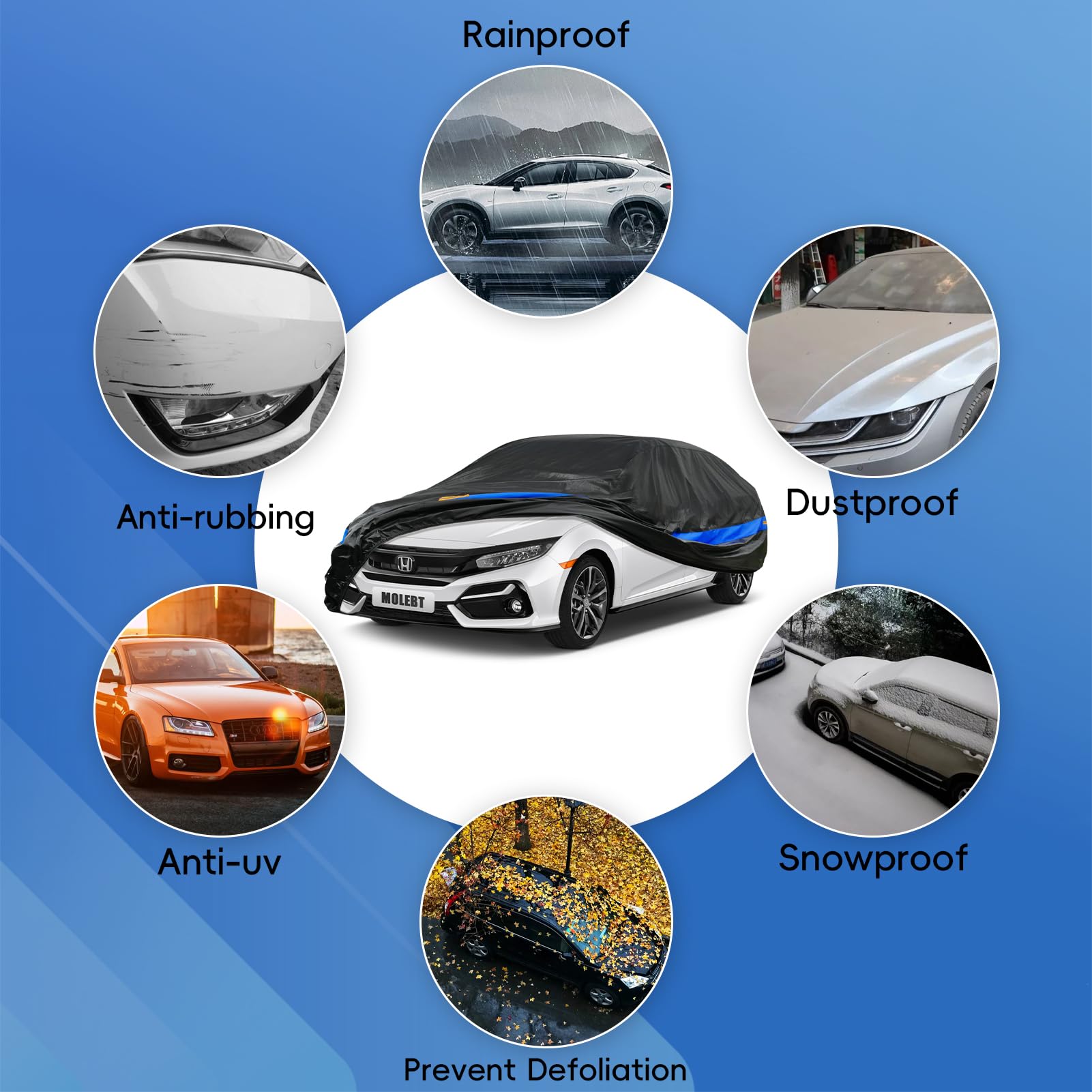 Molebt Car Cover Waterproof All Weather For Automobiles, Universal Fit Audi A4, Toyota Corolla/Prius, Kia Forte, Hyundai Elantra