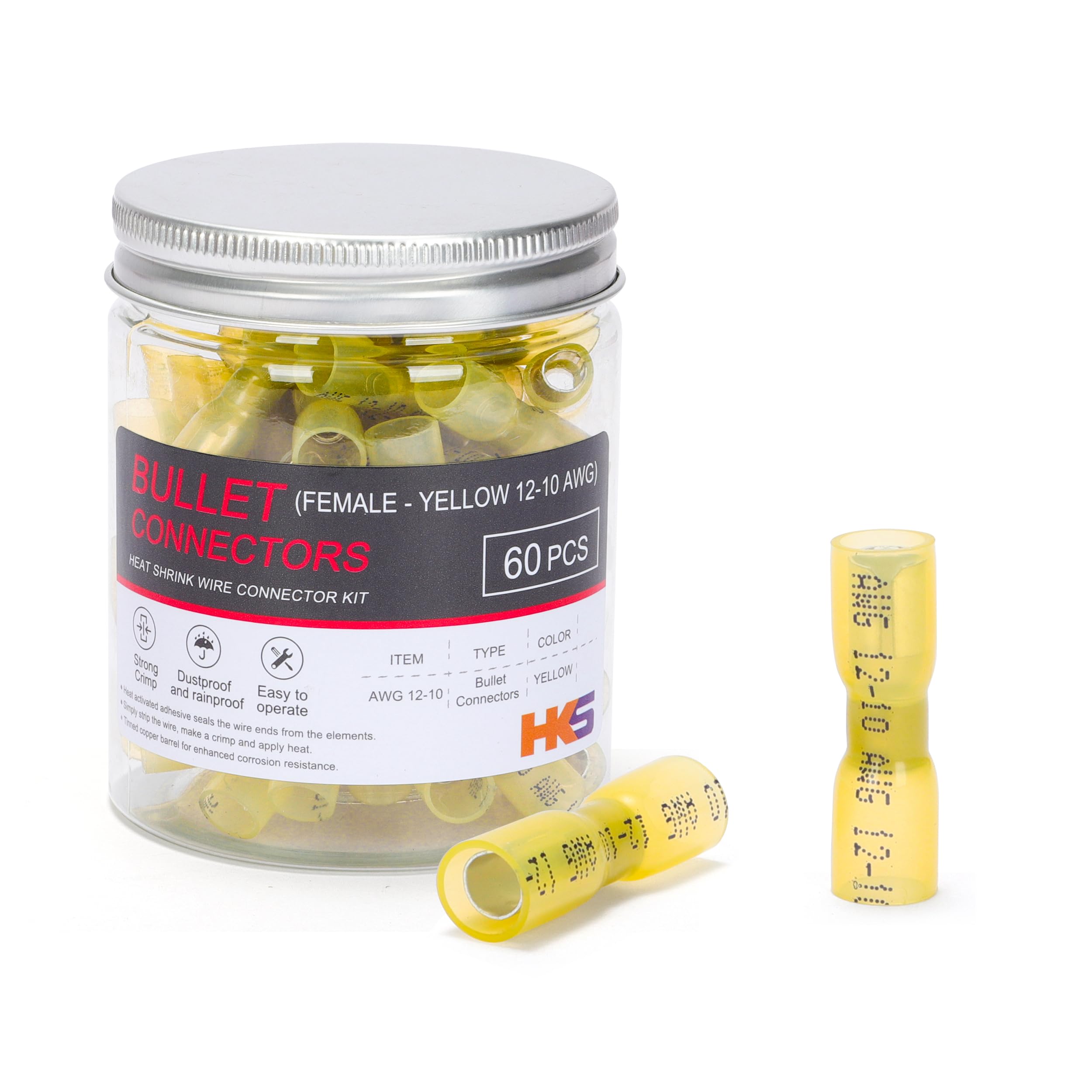 Hks 60 Pcs Heat Shrink Female Bullet Connector - Yellow 12-10 Awg - Electrical Wire Connectors Kit - Tinned Copper - Automotive