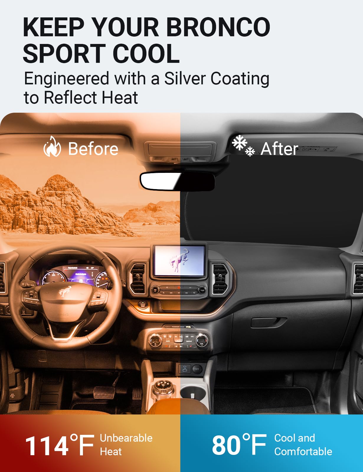 Proadsy 2025 Upgrade Front Windshield Sun Shade Foldable Sunshade Protector Custom Fit 2025 2024 2023 2022 2021 Ford Bronco Sport Accessories