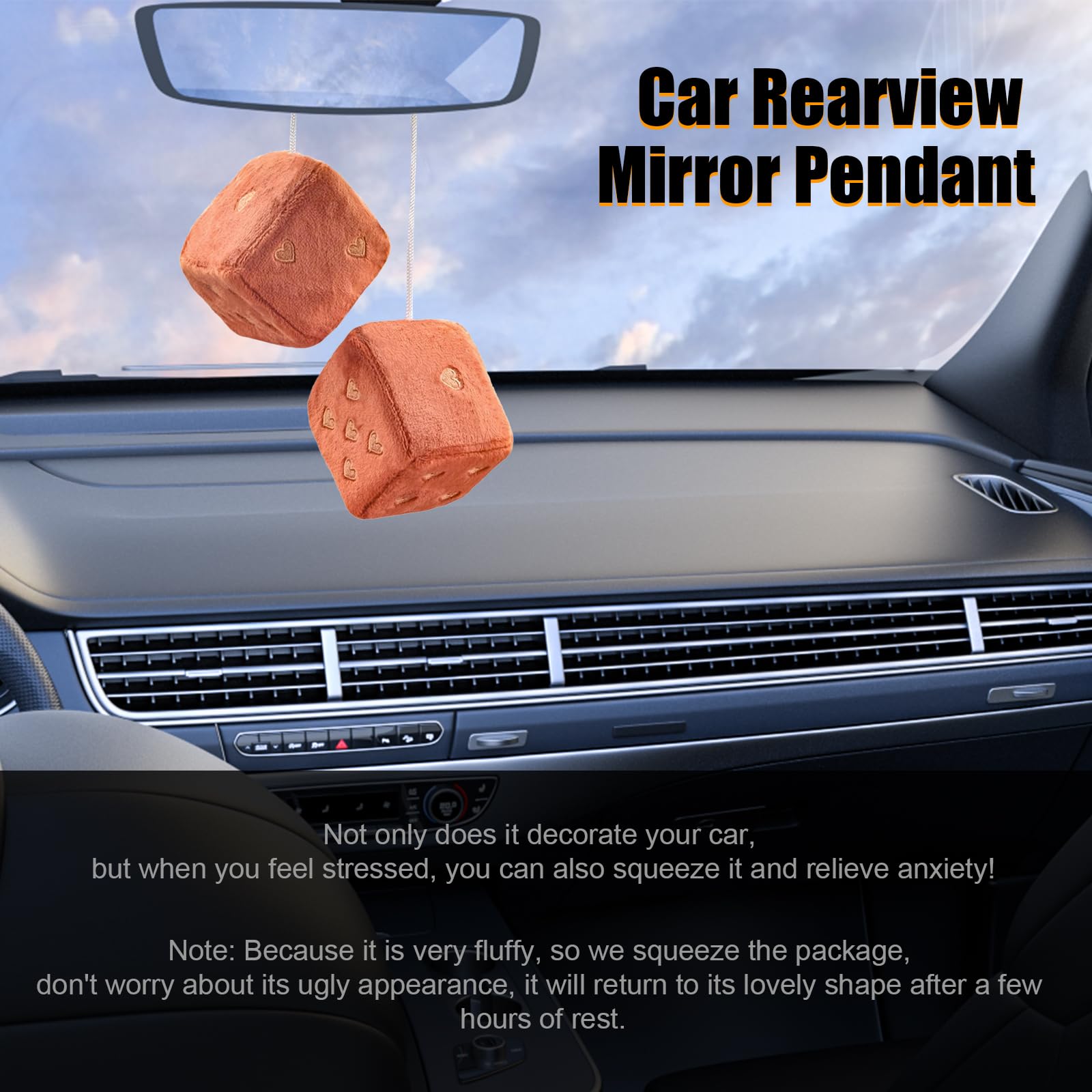 Ziciner Pair Fuzzy Plush Dice for Car Mirror, 3'' Retro Square Dice with Heart-Shape, Auto Rearview Mirror Hanging Ornament Deco