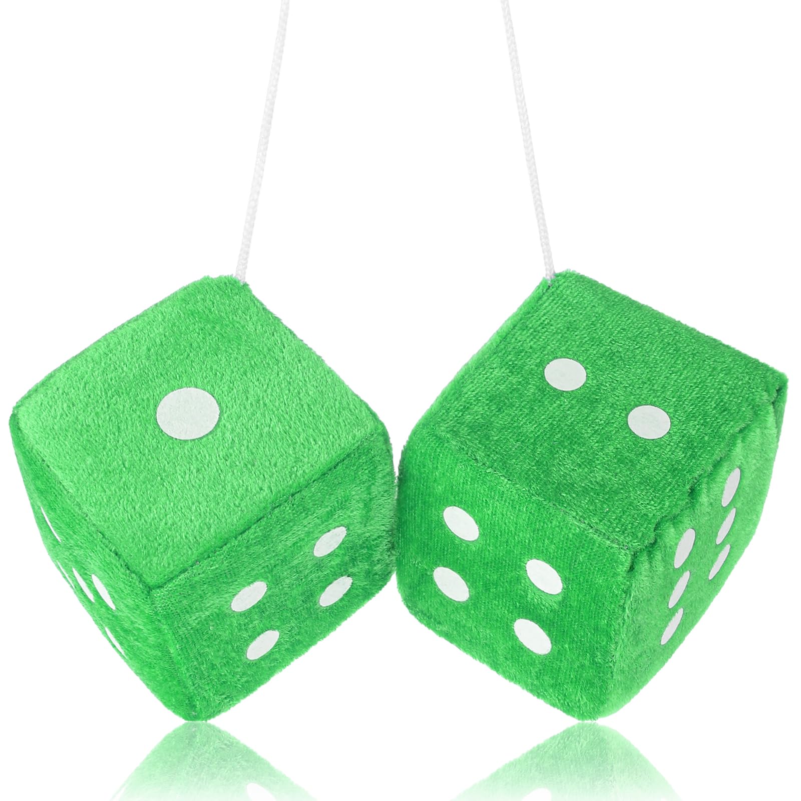 Fuzzy Dice For Rear View Mirror, Green Fuzzy Dice For Car Mirror, 2.75Inch Pair Of Plush Retro Square Hanging Dice With White Do
