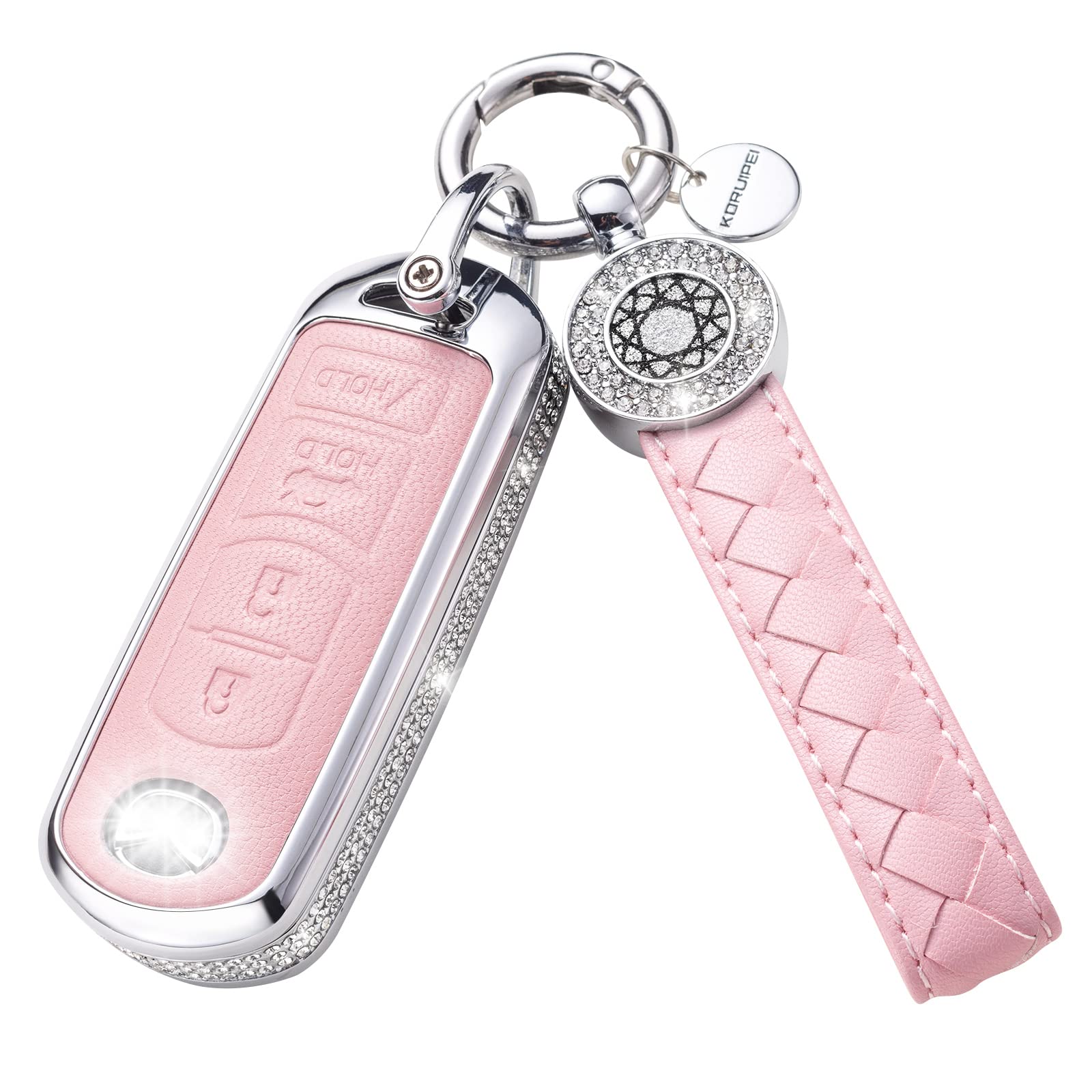 Ruabiban Key Fob Cover Compatible With Mazda, Pink Leather Crystal 360 Degree Protection Key Shell Case For Mazda 3 6 8 Miata Mx-5 Cx-3 Cx-5 Cx-7 Cx-9