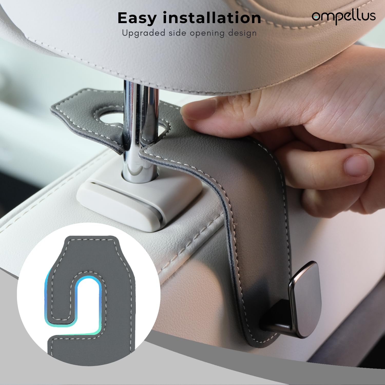 Ompellus Car Headrest Hook, 2 Pack Leather Car Seat Hooks for Purses and Bags, Car Organization Accessories (Black)