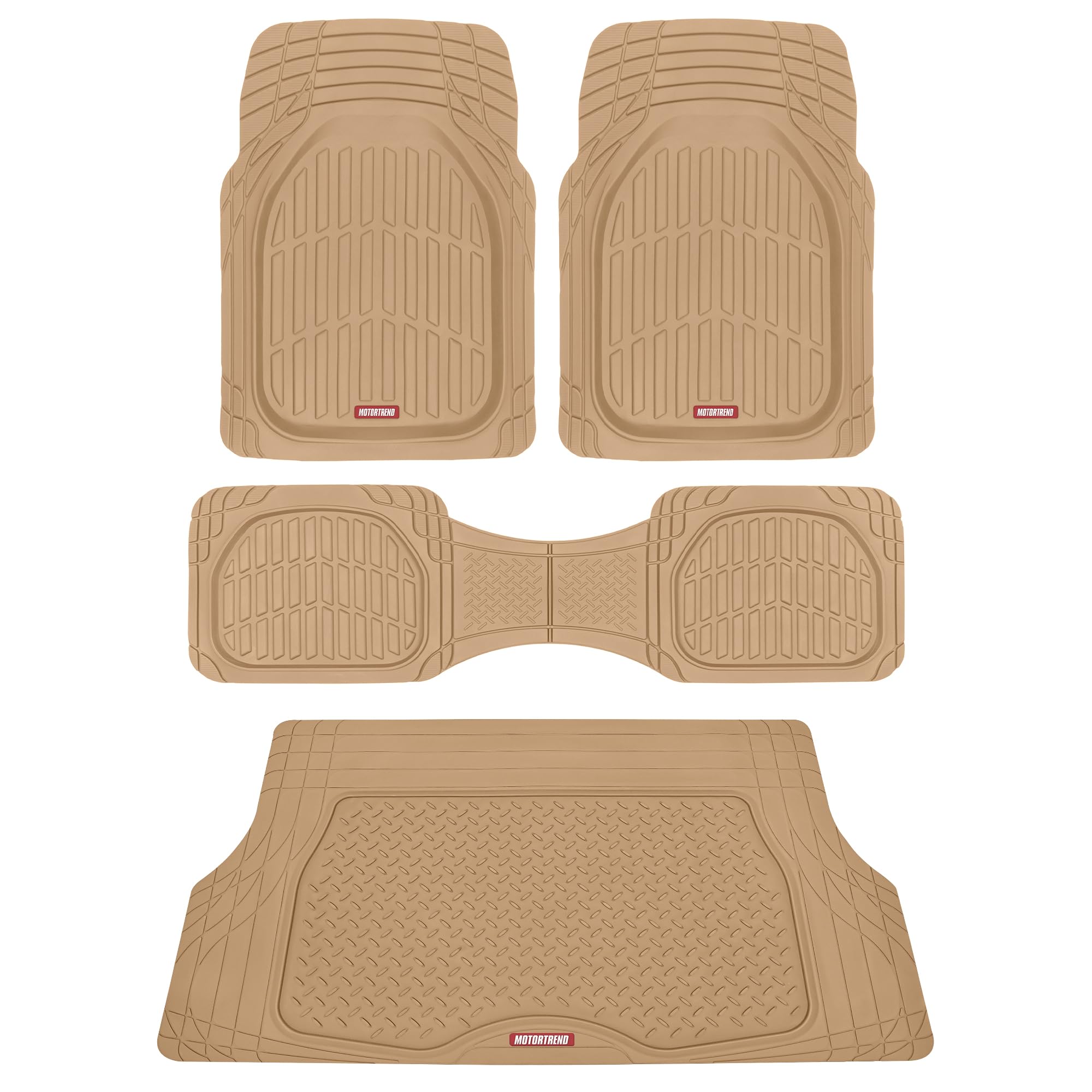Motor Trend 4pc Beige Car Floor Mats Set Rubber Tortoise Liners w/ Cargo for Auto SUV Trucks