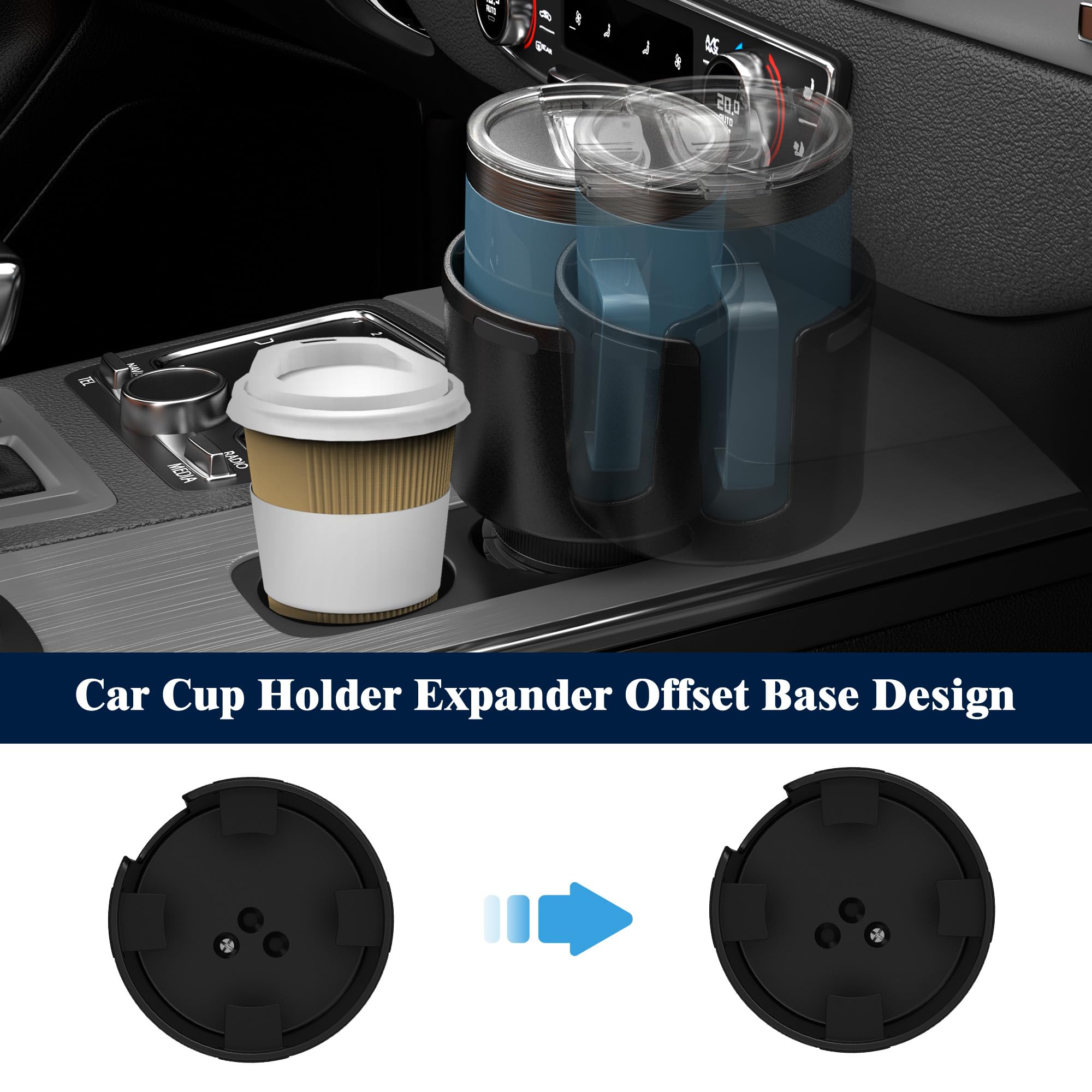 Car Cup Holder Expander, Cup Holder Expander For Car With Stretchable Rubber Base, Large Cup Holder Adapter Compatible With Yeti