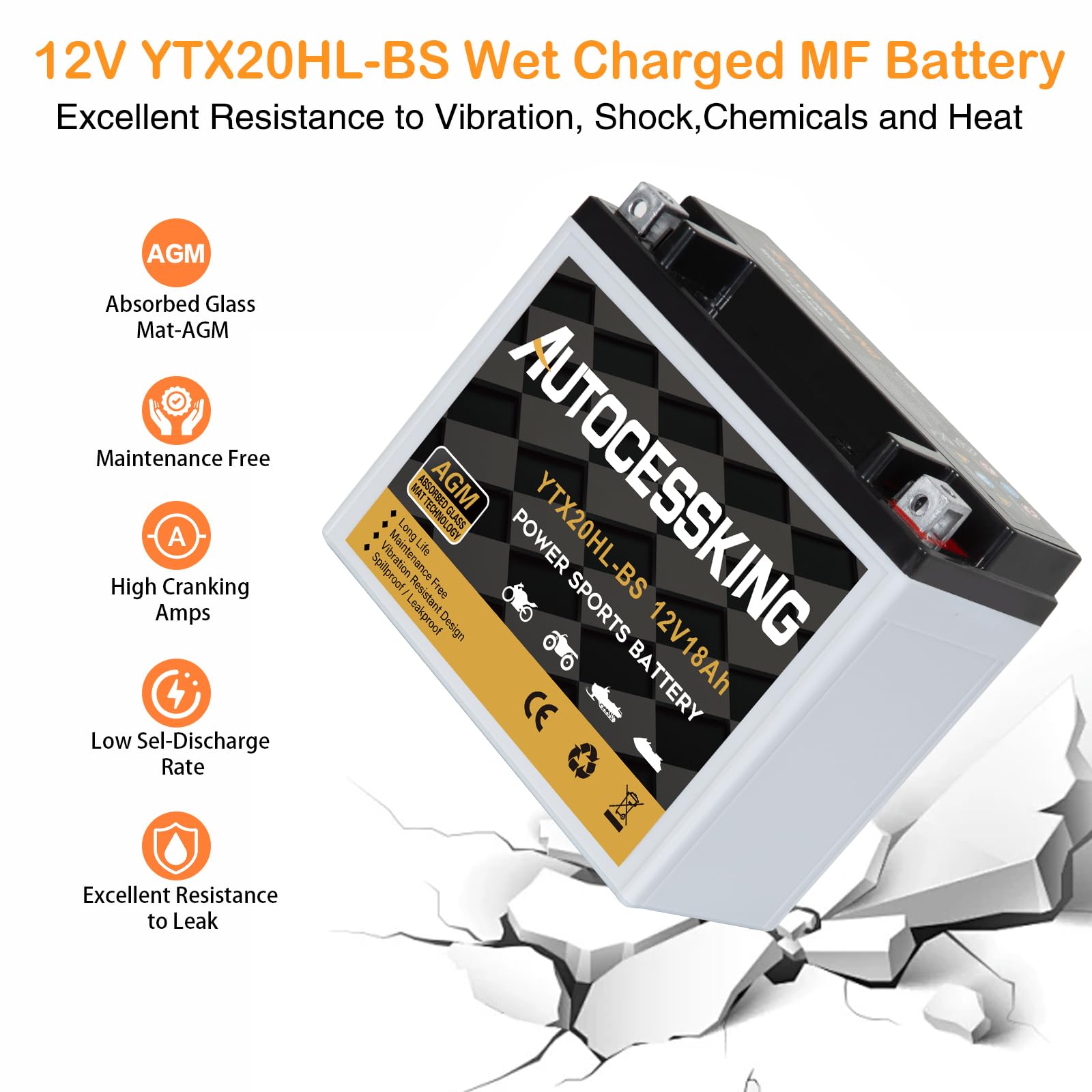 Autocessking Ytx20Hl-Bs Motorcycle Battery, 12V 18Ah Rechargeable Maintenance Free Sealed Agm Battery Powersport Replacement Bat