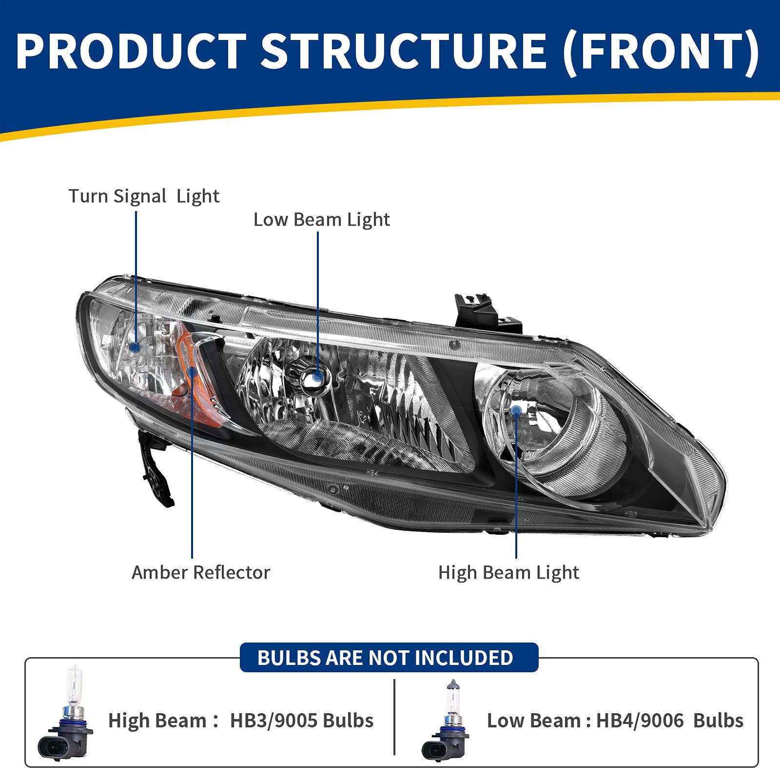 Autosaver88 Led Drl Headlights Assembly Compatible With 2006-2011 Civic Sedan 4-Door Headlamp Replacement Pair With Daytime Running Light Black Housing Clear Reflector