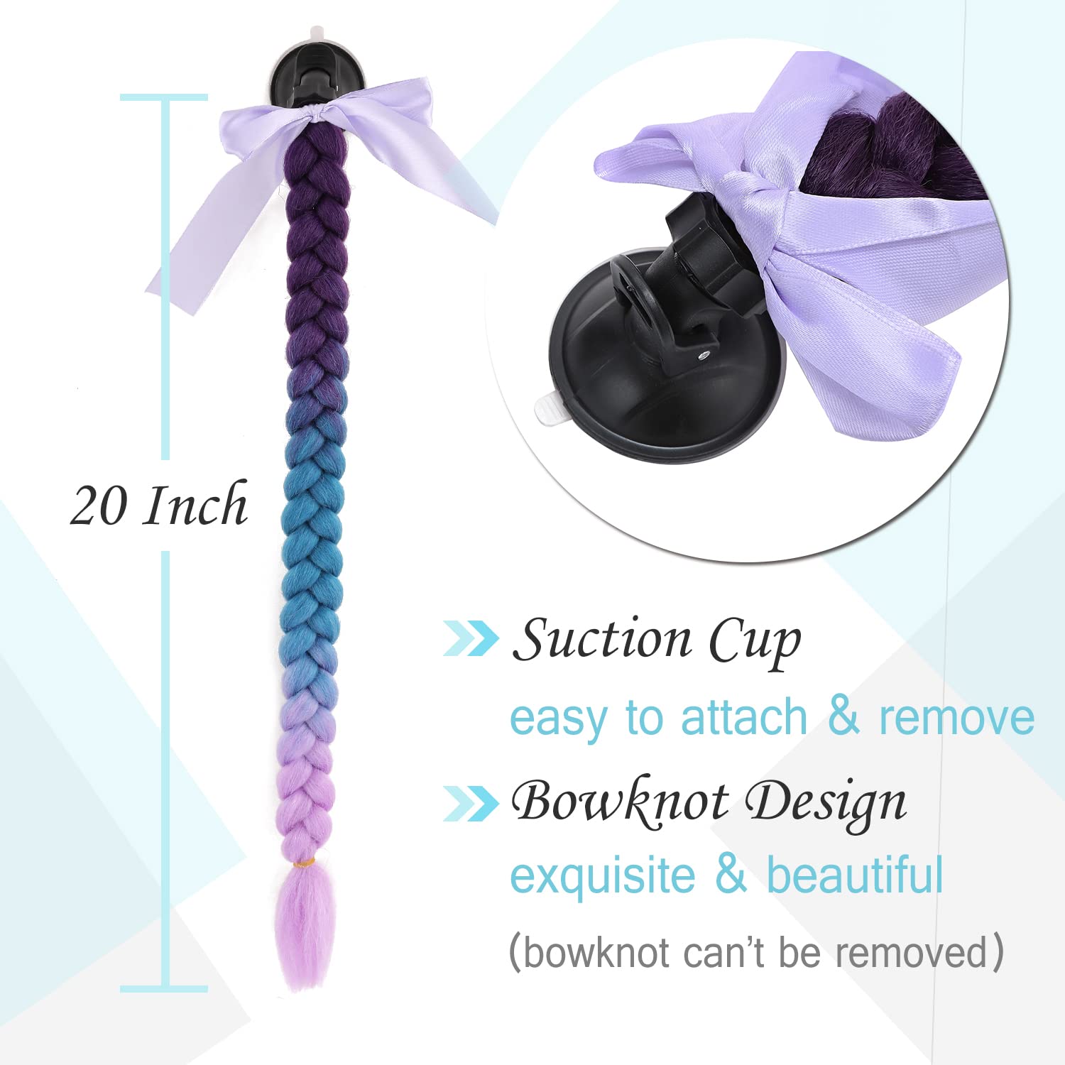 Sego 2 Pcs Helmet Pigtail Braids With Detachable Suction Cup Bowknot Ponytails Hair For Women/Men 20 Inch 2 Pcs/Pack (Helmet Not