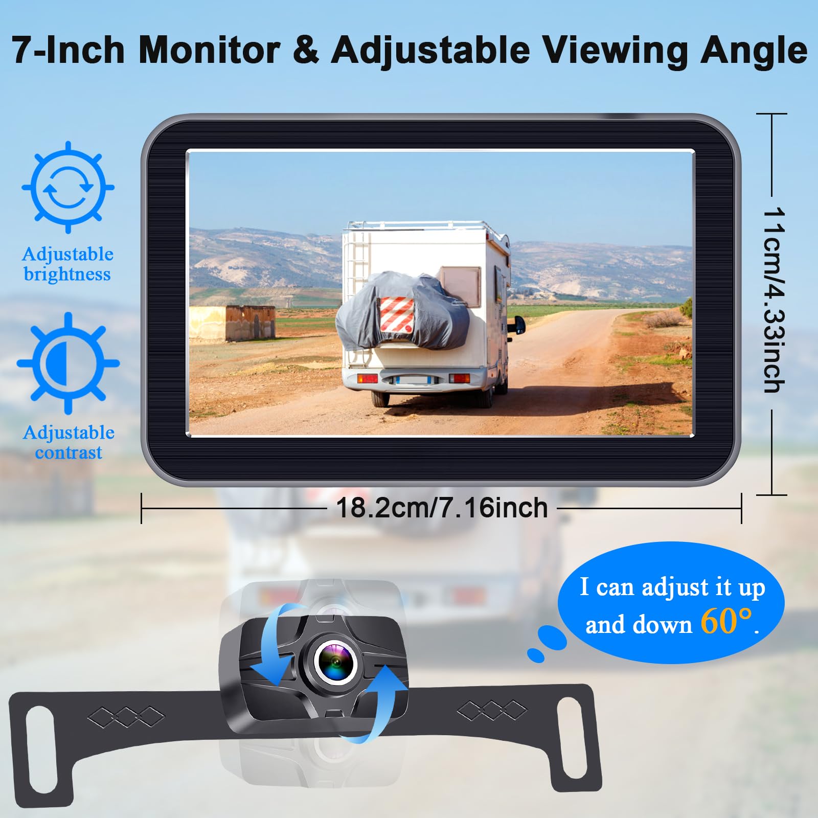 7-Inch Wireless Backup Camera For Truck - 2 Channel, Diy Grid Lines, Hd 1080P, Night Vision, Ip69K Waterproof, Easy Installation