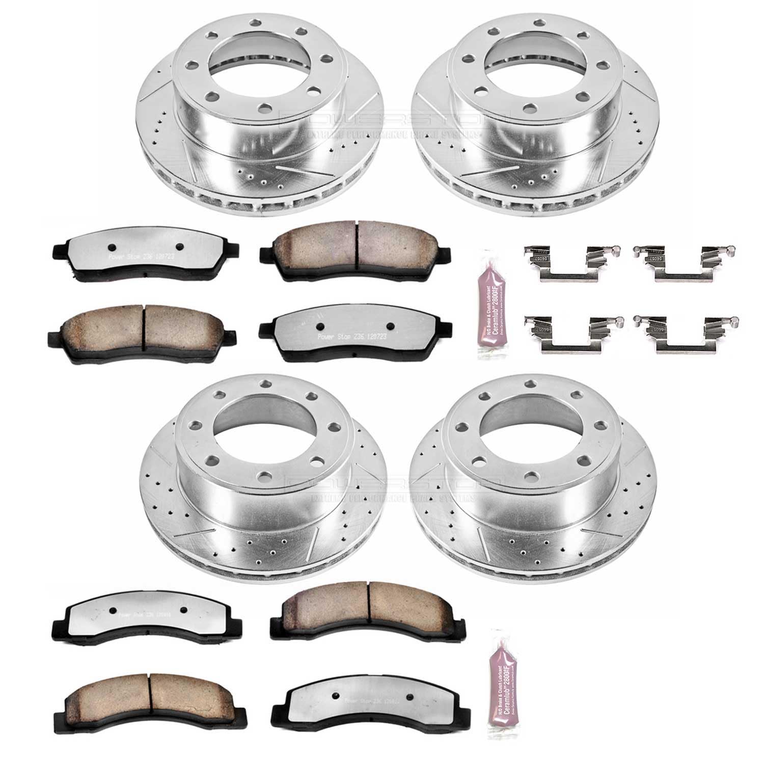 Power Stop K1906-36 Front And Rear Z36 Truck & Tow Brake Pads With Drilled And Slotted Rotors Brake Kit For 2000-2005 Ford Excursion 4Wd | 1999-2004 Ford F250 F350 4Wd Single Rear Wheel Models