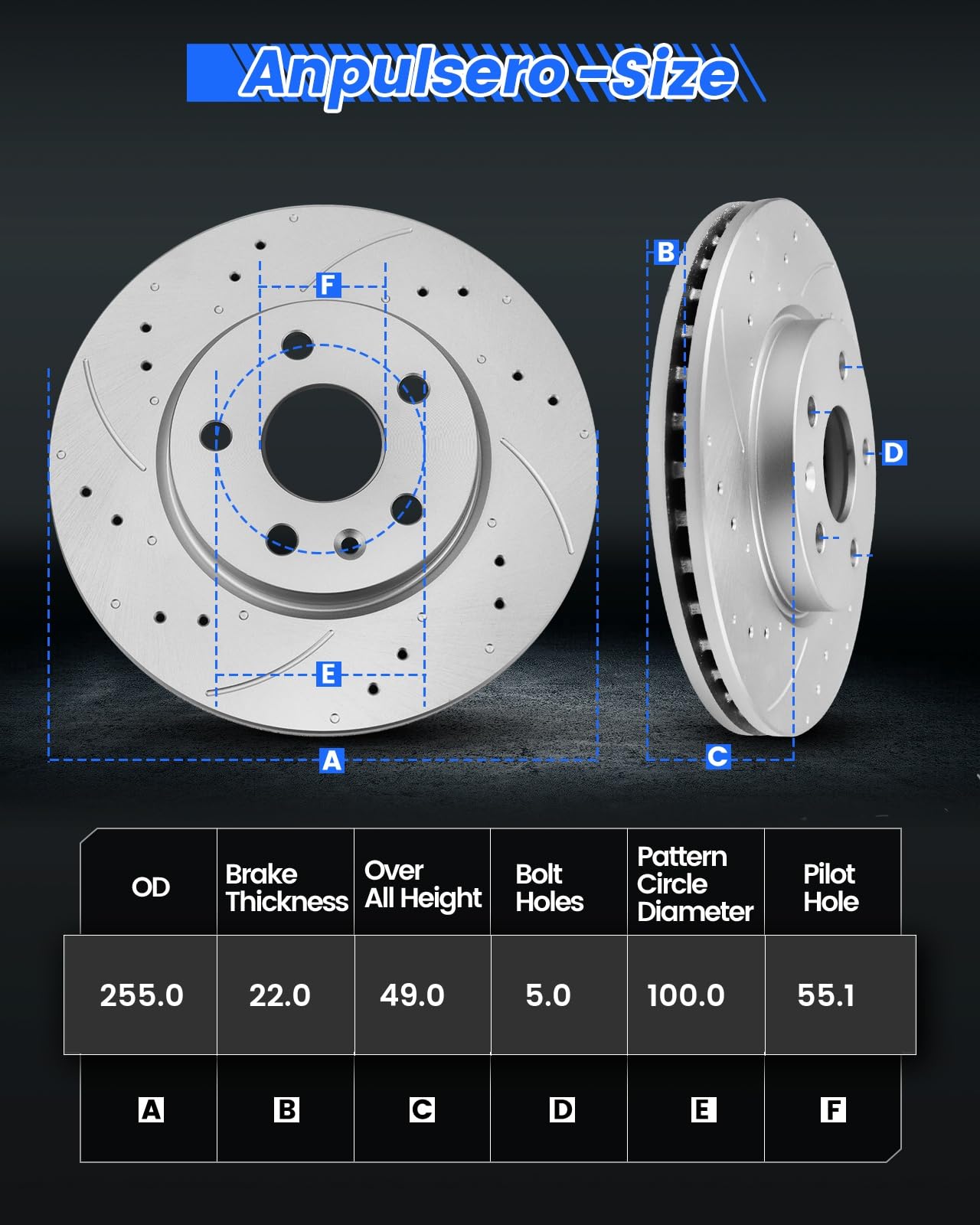 Anpulsero Front Automotive Replacement Brake Kit, Drilled and Slotted Brake Rotors Ceramic Brake Pads Compatible with 2004-2009