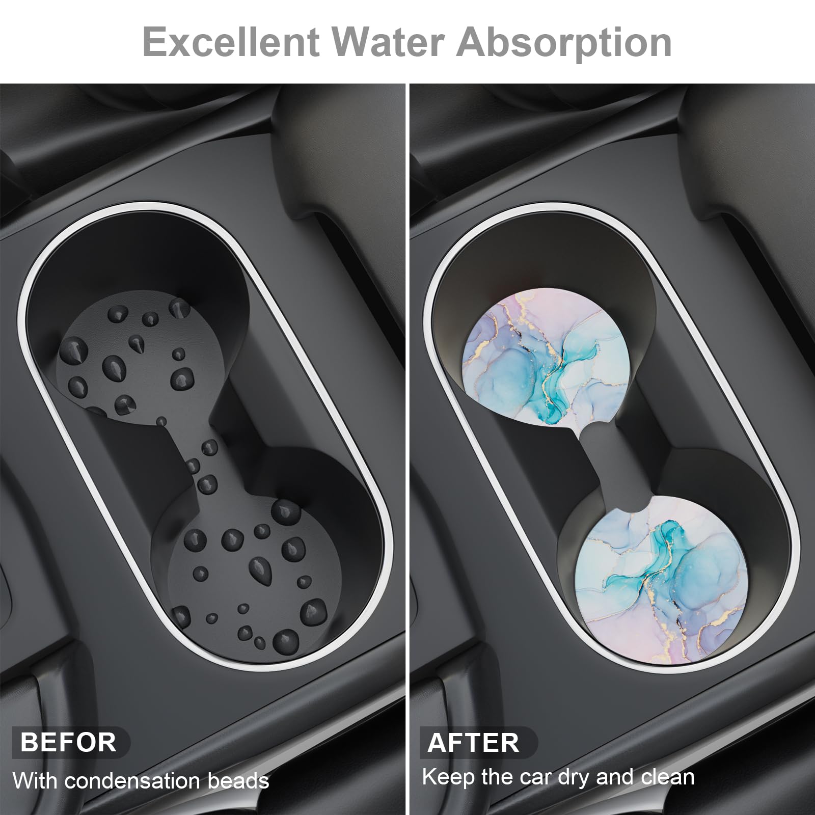 Car Cup Holder Coaster, Car Coasters for Cup Holders, 2 Pack Universal Anti Slip Insert Absorbent Ceramic Auto Interior Accessor