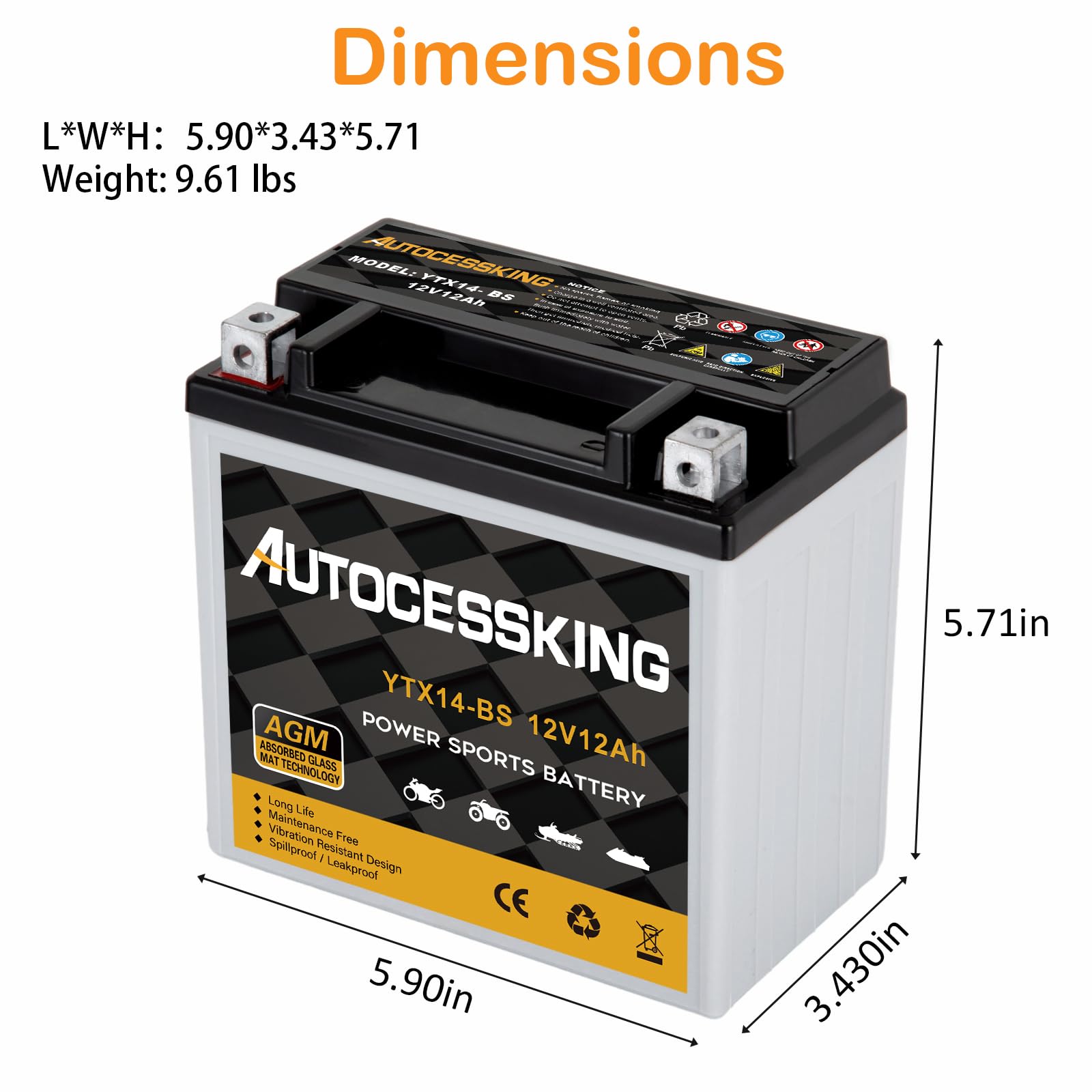 Autocessking Ytx14-Bs 12V 12Ah Motorcycle Battery, Rechargeable Sealed Agm Battery Maintenance Free Powersport Replacement Batte