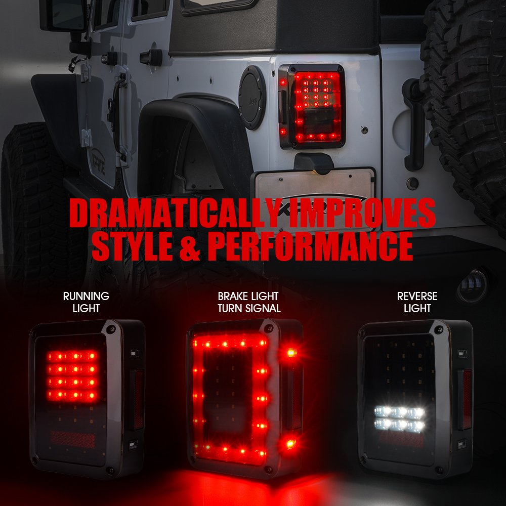 Xprite Smoked Lens Red Led Tail Lights W/Turn Signal & Back Up & Smoke 3Rd Led Brake Light Assembly Compatible With Jeep Wrangle