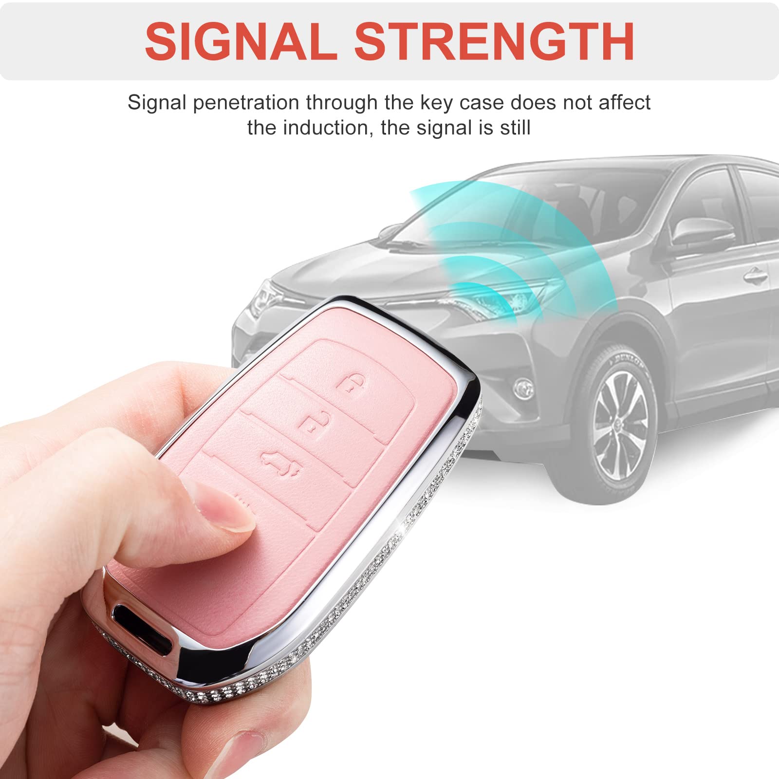 Ruabiban Compatible Toyota Key Fob Cover With Keychain, Pink Genuine Leather Crystal Case For Avalon Camry Corolla Rav4 Sequoia