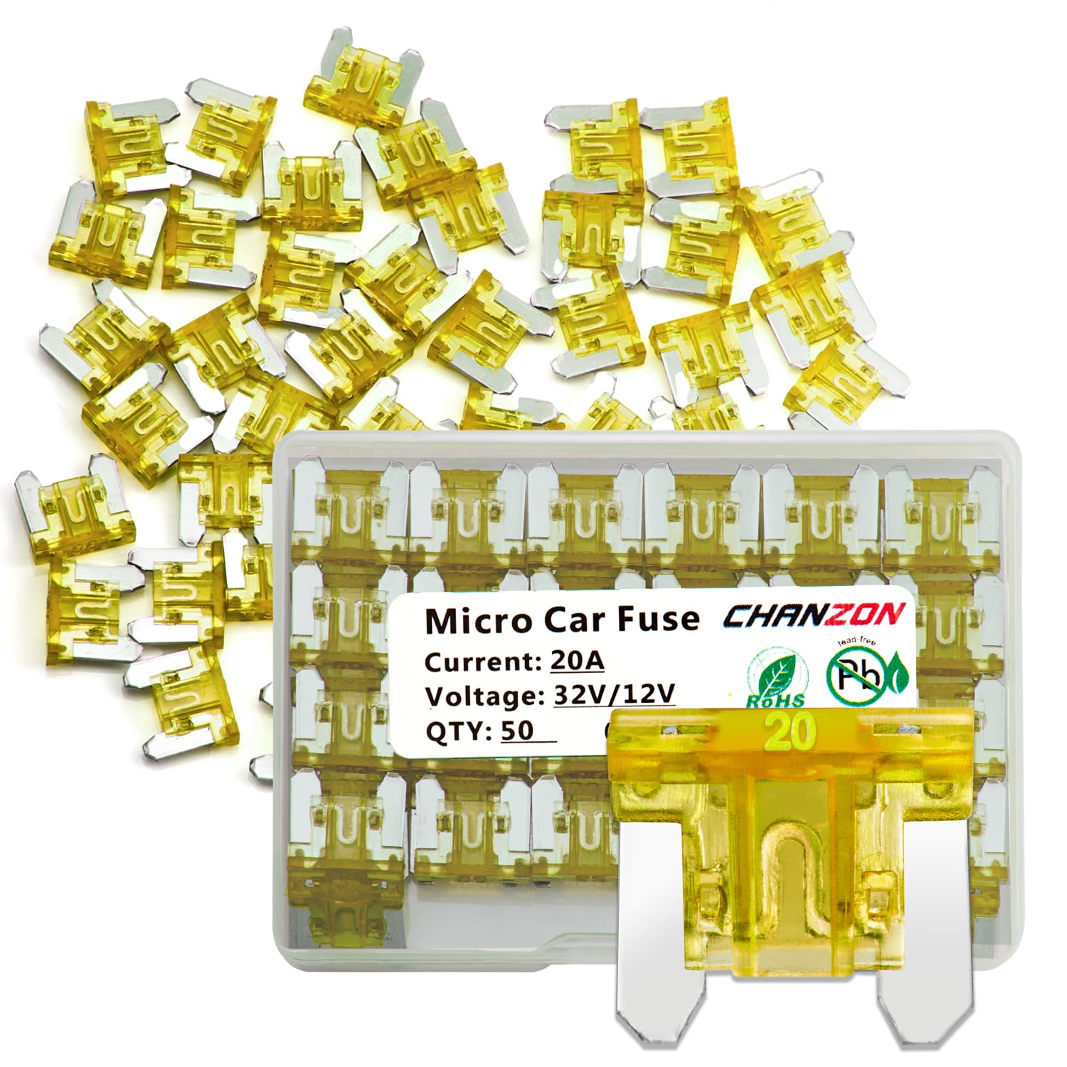 Chanzon 50Pcs 20A Low Profile Mini Micro Blade Fuse 20 Amp 32V Fast Blow Fuses for Automotive Car Truck Vehicle SUV