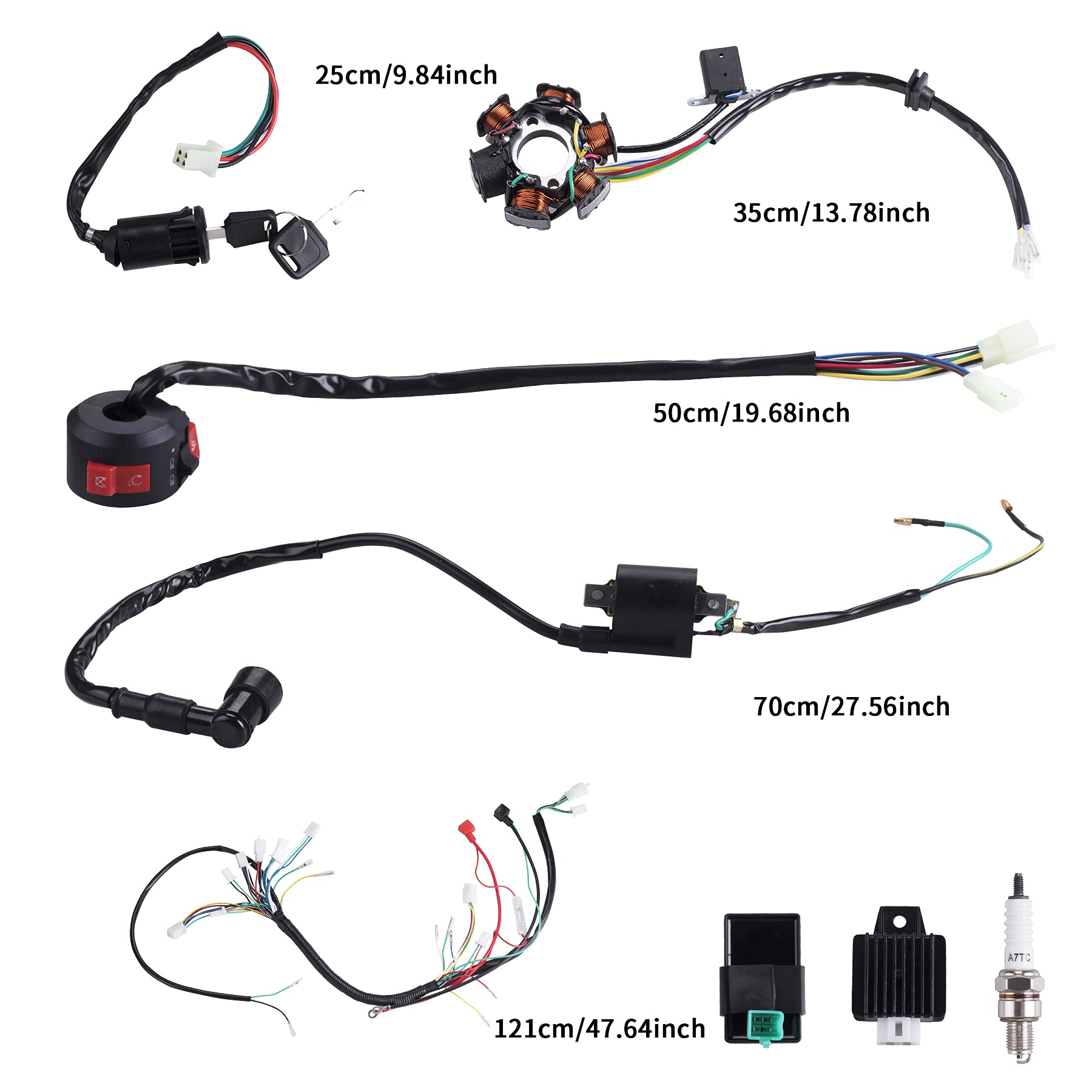 Complete Electrics Wiring Harness Coil Stator Solenoid Relay CDI Spark Plug for 4 Wheelers Stroke ATV 50cc 70cc 90cc 110cc 125cc