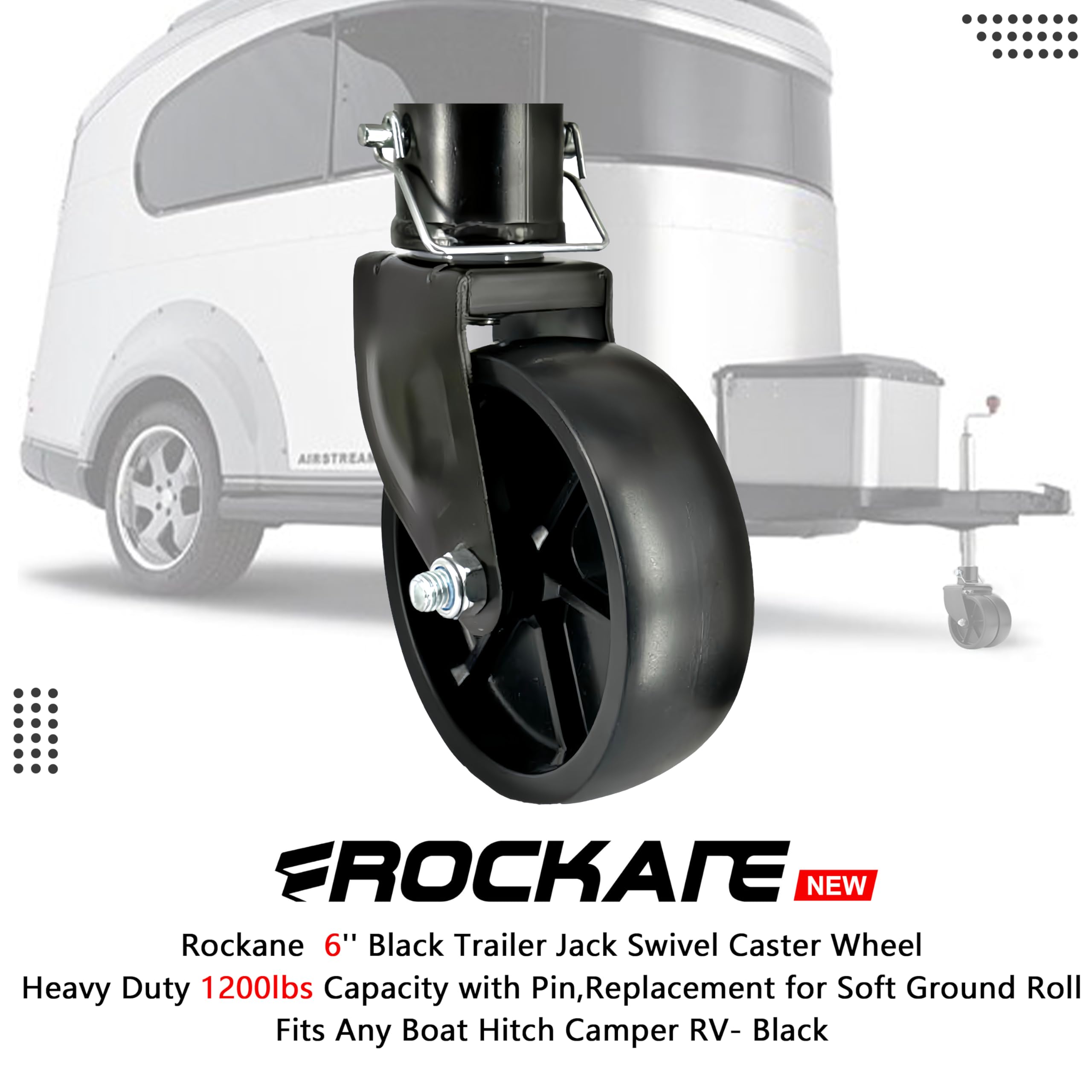 Rockane Black 6 ' ' Black Trailer Jack Swivel Caster Wheel Replacement, Heavy Duty 1200Lbs Capacity With Pin For Soft Ground Rol