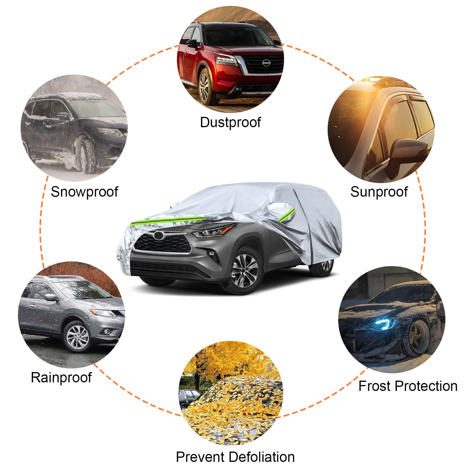 Waterproof Car Covers Replace For 2008-2025 Toyota Highlander, 6 Layers Silver All Weather Car Cover With Zipper Door & Windproo