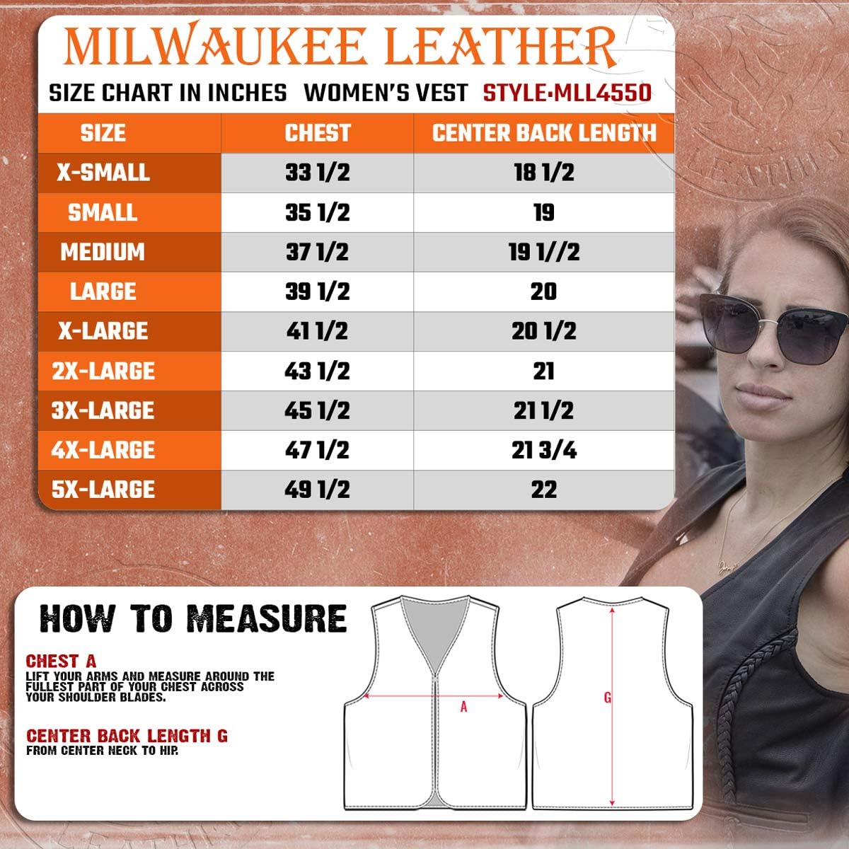 Milwaukee Leather MLL4550 Women's Black Premium Leather Classic Braided Deep V-Neck Motorcycle Rider Vest W/Front Zip - 5X-Large