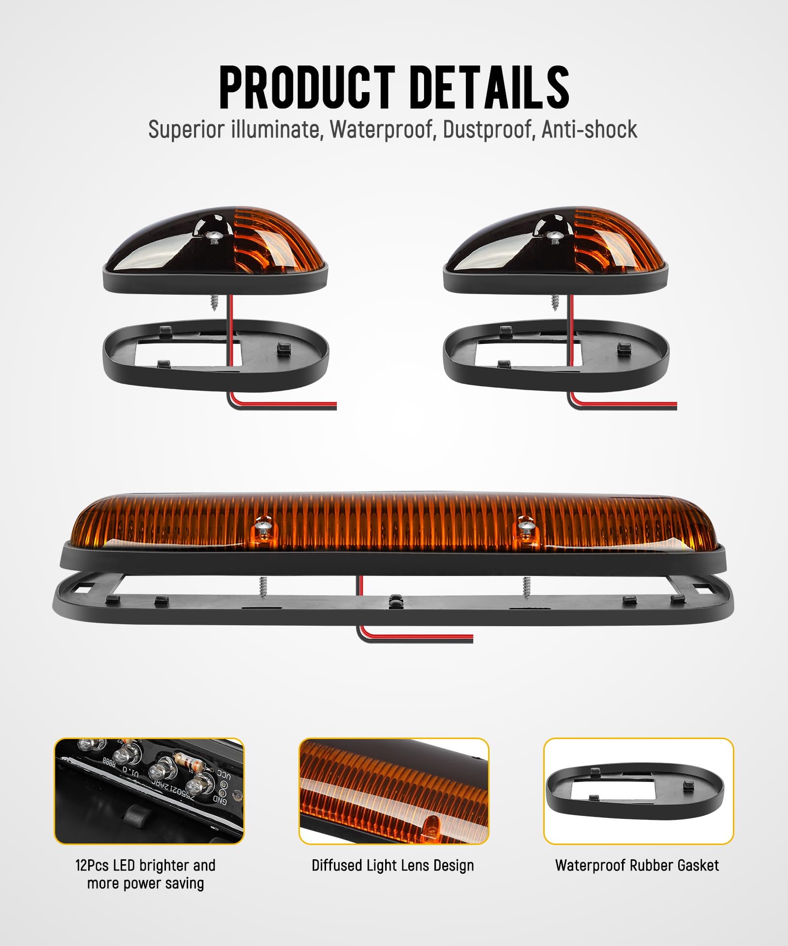 Partsam 3Pcs Amber Led Cab Roof Marker Light Top Running Lights W/Wiring Compatible With Silverado/Sierra 1500 1500Hd 2500 2500H