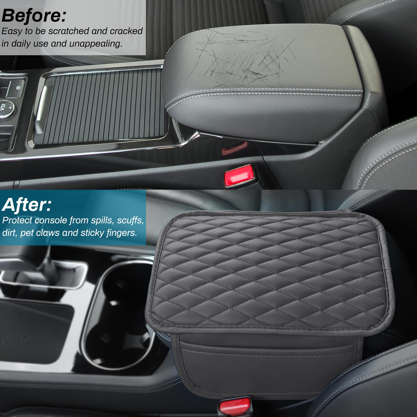 Car Center Console Cover, Upgraded Microfiber Leather Car Arm Rest Cover With 2 Storage Bags, Universal Armrest Cover For Car St