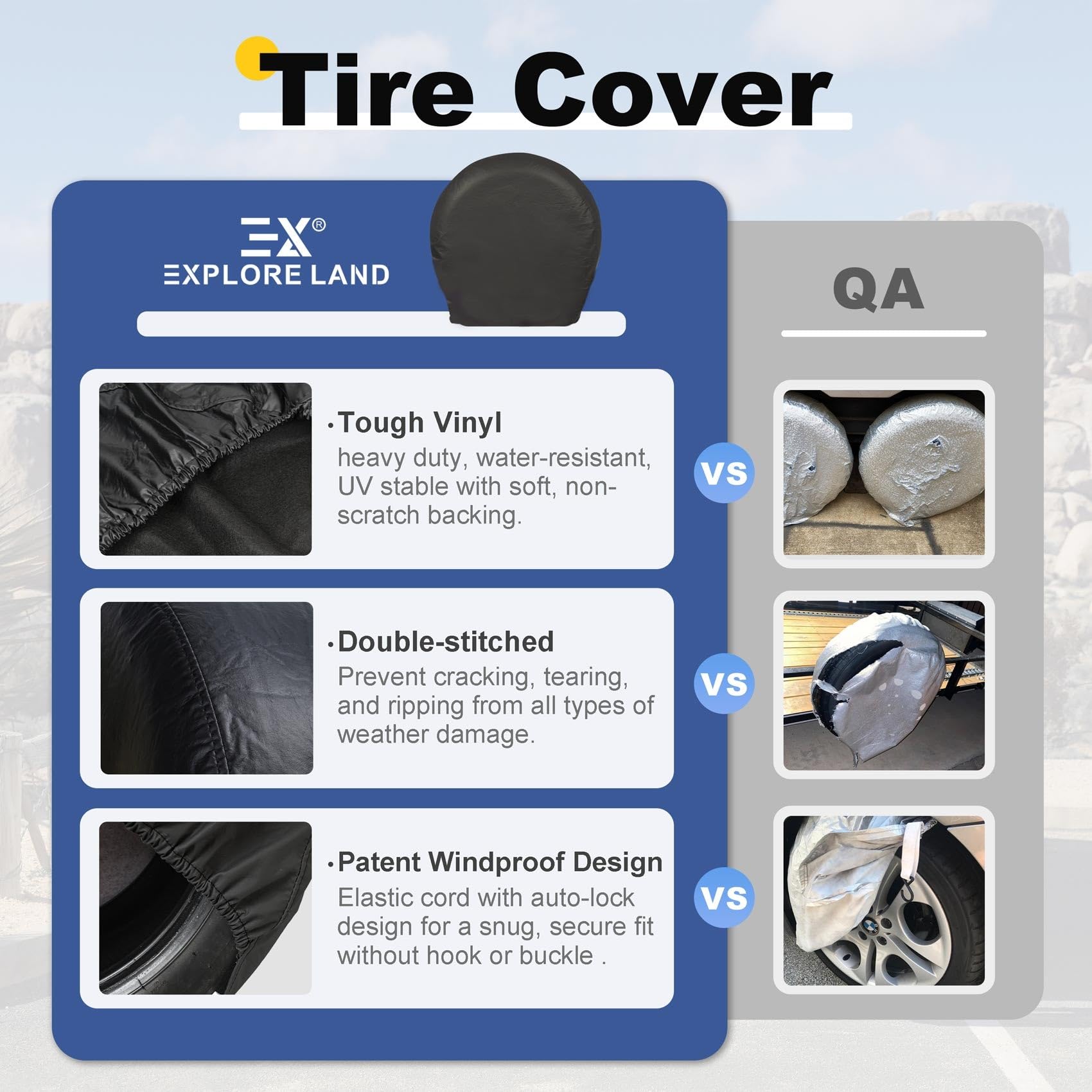 Explore Land Tire Covers 4 Pack - Tough Wheel Protector for Truck, SUV, Trailer, Camper, RV Universal Fits Tire Diameters 39''-4