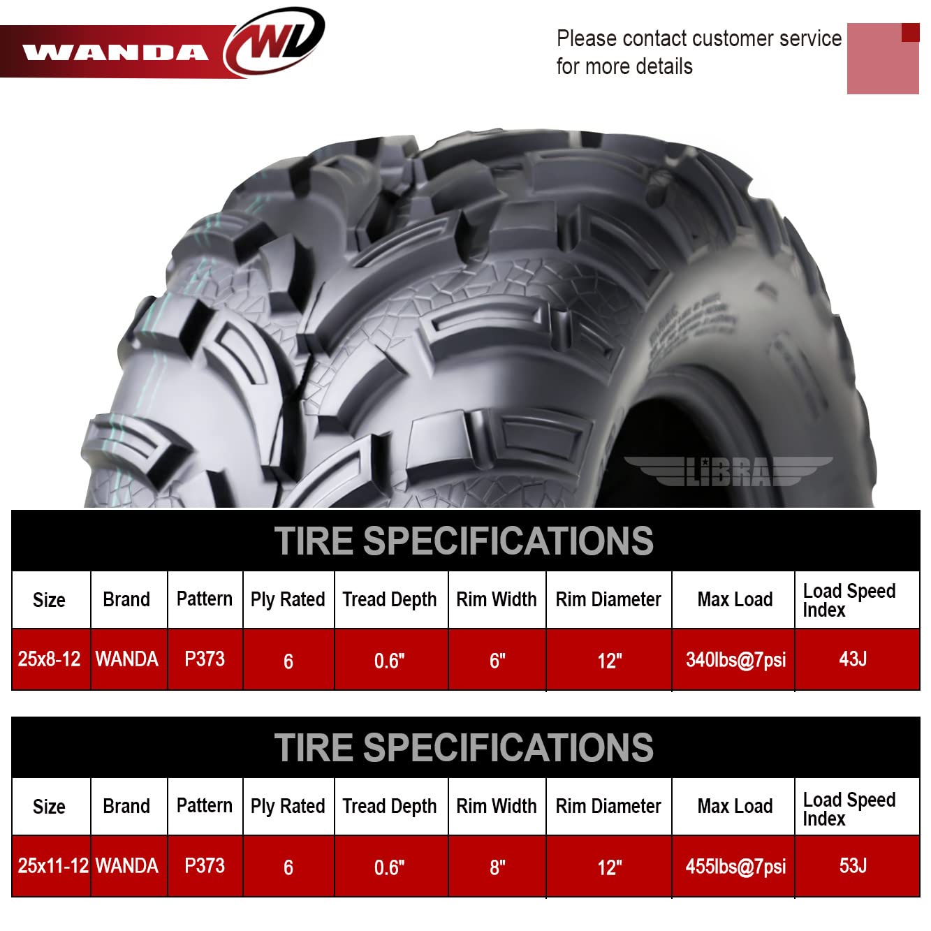 Wanda Set Of 4 New Atv/Utv Tires 25X8-12 Front & 25X11-12 Rear /6Pr P373-10243/10210