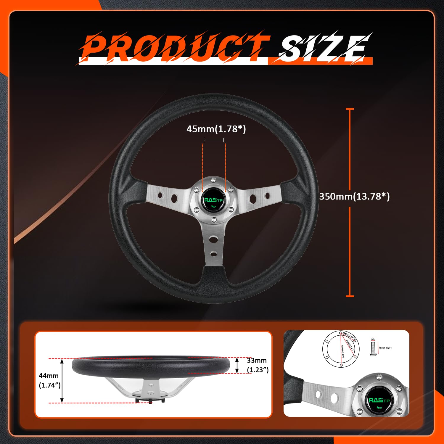 Rastp Universal Drifting Deep Dish Racing Steering Wheel 13.8   /350Mm 6 Bolts Grip Pu Foaming Material & Aluminum With Horn But