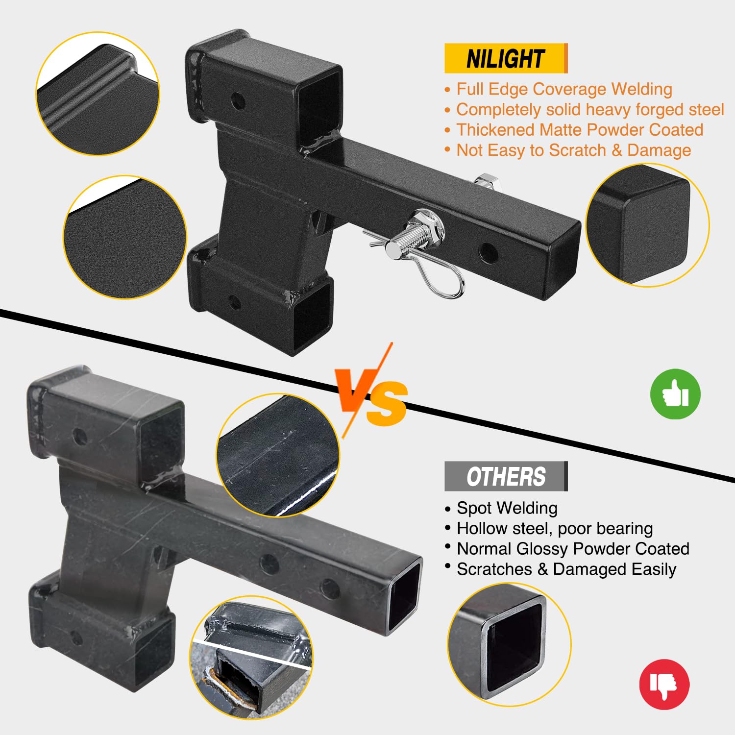 Nilight Dual Hitch Extender for 2" Receiver, 10,000 lbs Capacity, Adjustable 8"-10" Length, Alloy Steel, Matte Black, Model 92169B